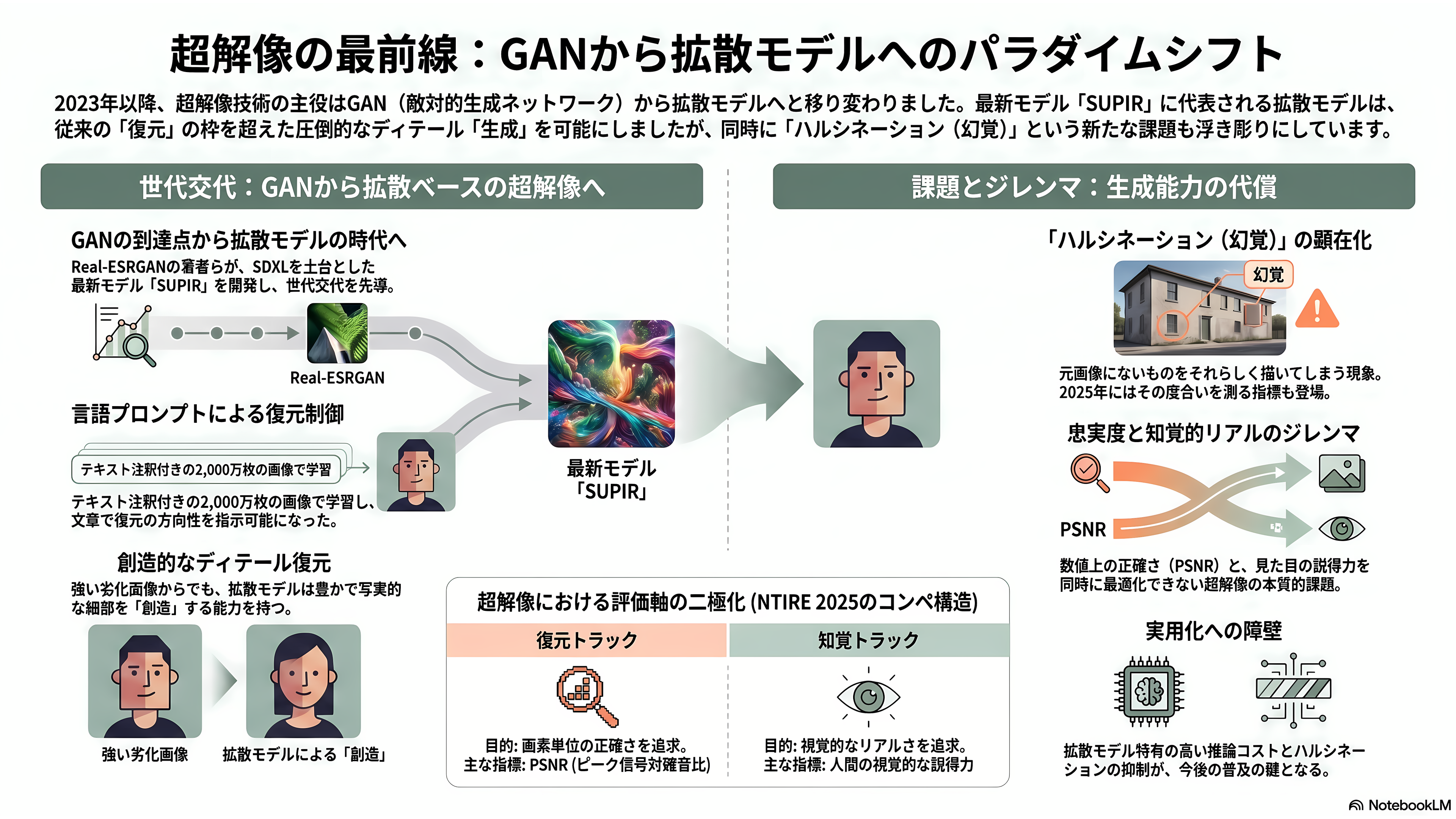画像処理OSS、Real-ESRGAN。AI超解像度技術、アップスケーリング、ノイズ除去 - GAN から拡散モデルへ — 超解像の最前線 - 章扉