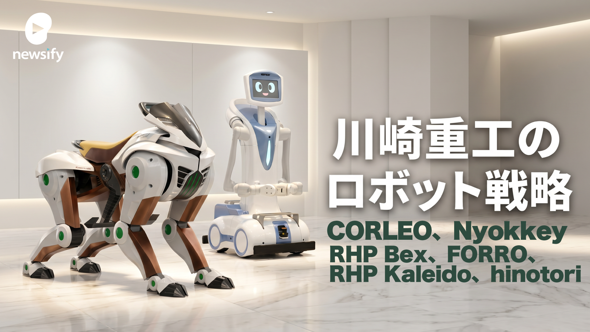 川崎重工のロボット戦略。四足歩行型CORLEO（コルレオ）、ソーシャルロボットNyokkey（ニョッキー）、ヤギがモチーフのRHP Bex（ベックス）、FORRO（フォーロ）、災害救助のRHP Kaleido（カレイド）、手術支援ロボットhinotoriと、豊富な産業用ロボット群