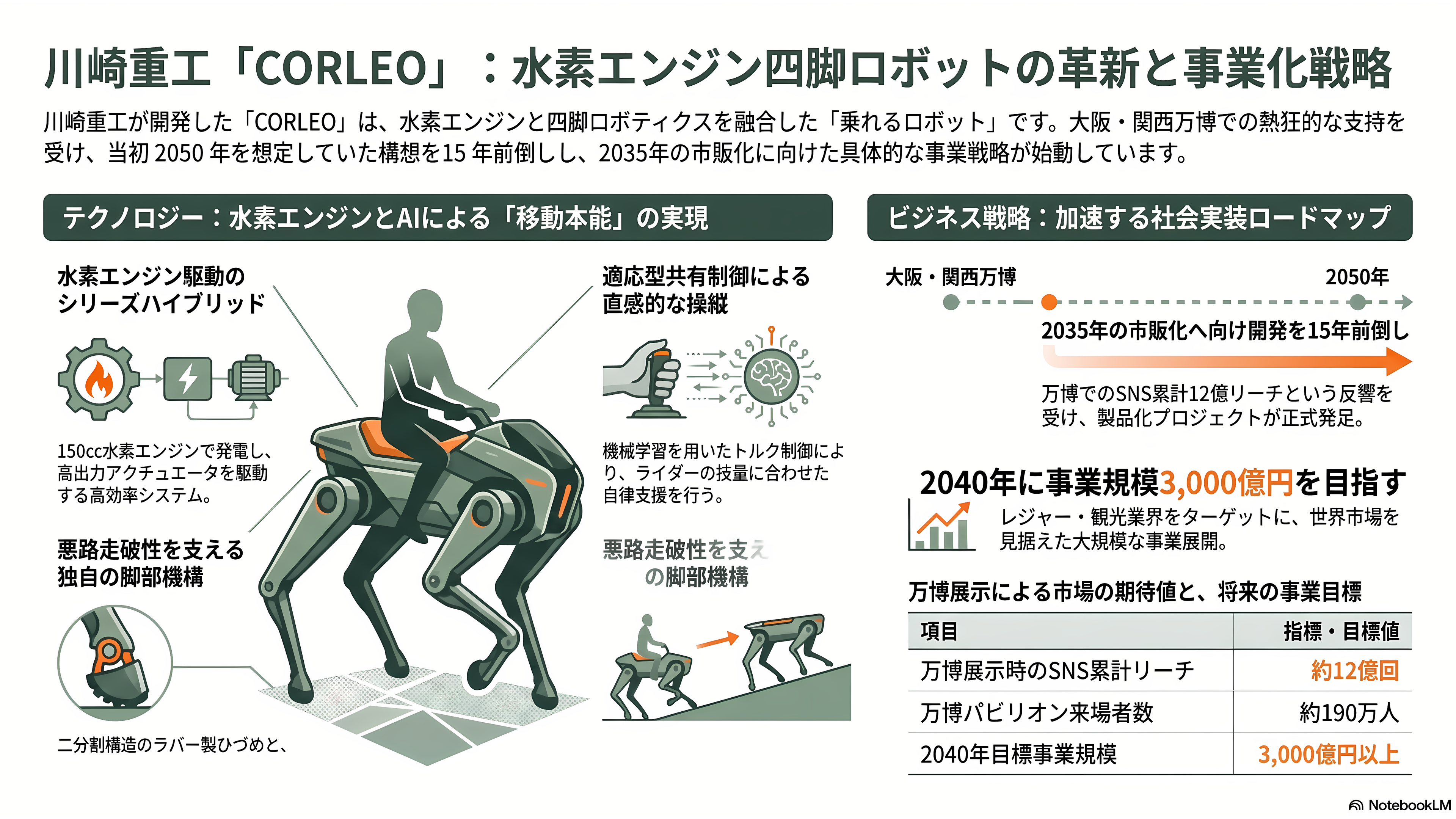 川崎重工のロボット戦略。四足歩行型CORLEO(コルレオ)、ソーシャルロボットNyokkey(ニョッキー)、ヤギがモチーフのRHP Bex(ベックス)、FORRO(フォーロ)、災害救助のRHP Kaleido(カレイド)、手術支援ロボットhinotoriと、豊富な産業用ロボット群 - 四足歩行型CORLEO——水素エンジンで野山を駆ける「乗れるロボット」 - 章扉