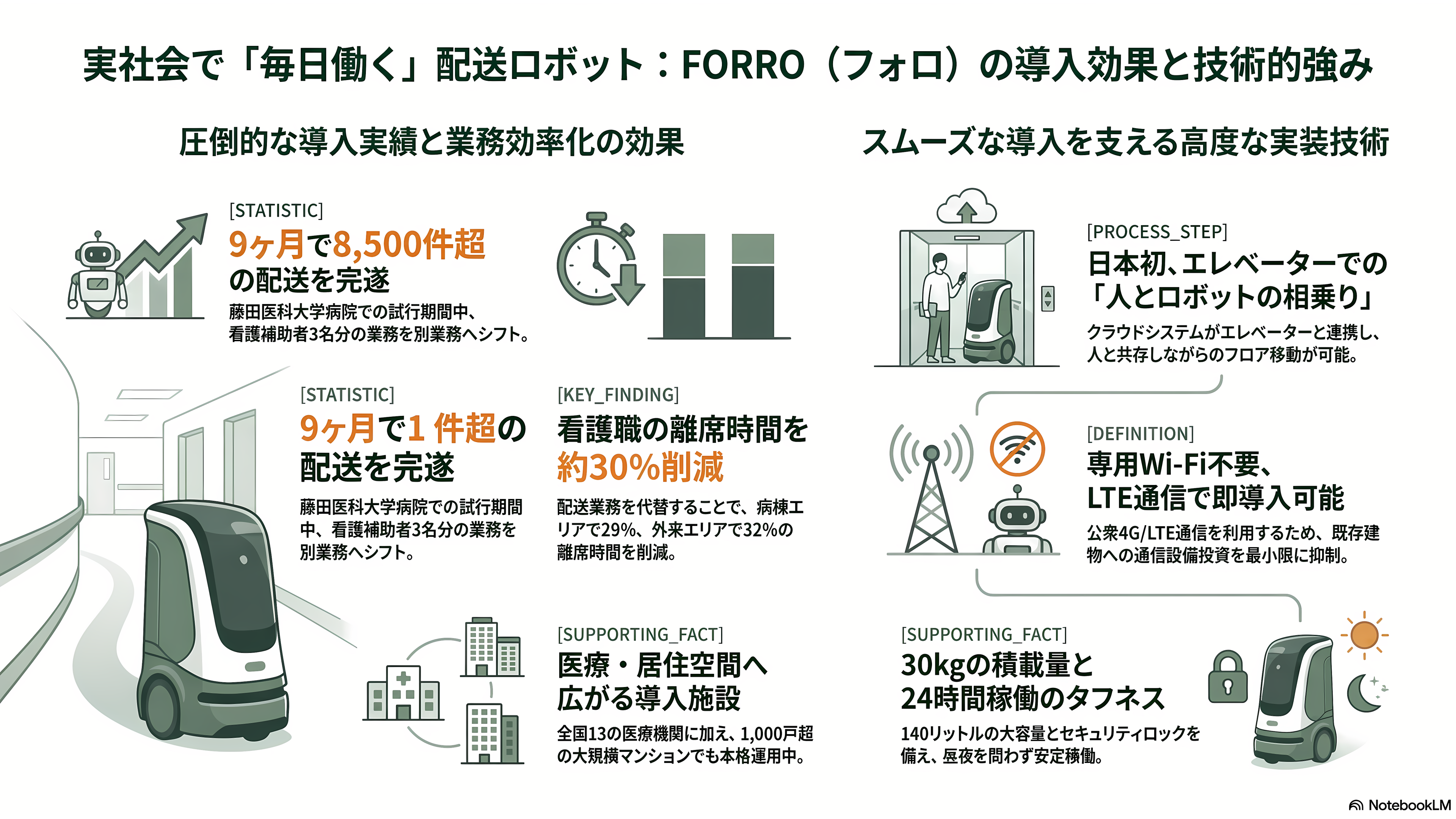 川崎重工のロボット戦略。四足歩行型CORLEO(コルレオ)、ソーシャルロボットNyokkey(ニョッキー)、ヤギがモチーフのRHP Bex(ベックス)、FORRO(フォーロ)、災害救助のRHP Kaleido(カレイド)、手術支援ロボットhinotoriと、豊富な産業用ロボット群 - FORRO——病院の廊下を24時間走る「実装済み」の配送ロボット - 章扉