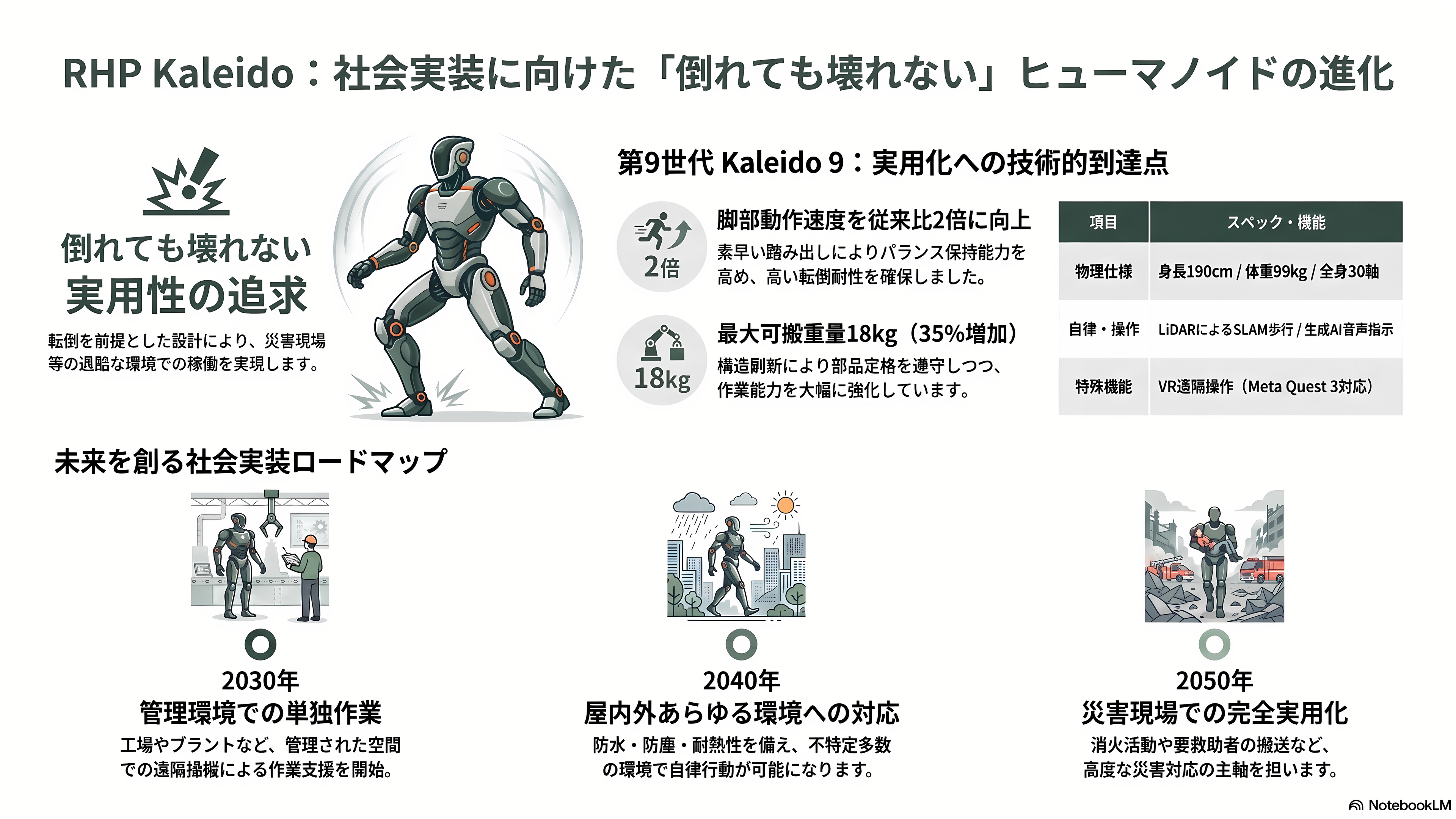 川崎重工のロボット戦略。四足歩行型CORLEO(コルレオ)、ソーシャルロボットNyokkey(ニョッキー)、ヤギがモチーフのRHP Bex(ベックス)、FORRO(フォーロ)、災害救助のRHP Kaleido(カレイド)、手術支援ロボットhinotoriと、豊富な産業用ロボット群 - RHP Kaleido——「倒れても壊れない」ヒューマノイド、10年目の第9世代 - 章扉