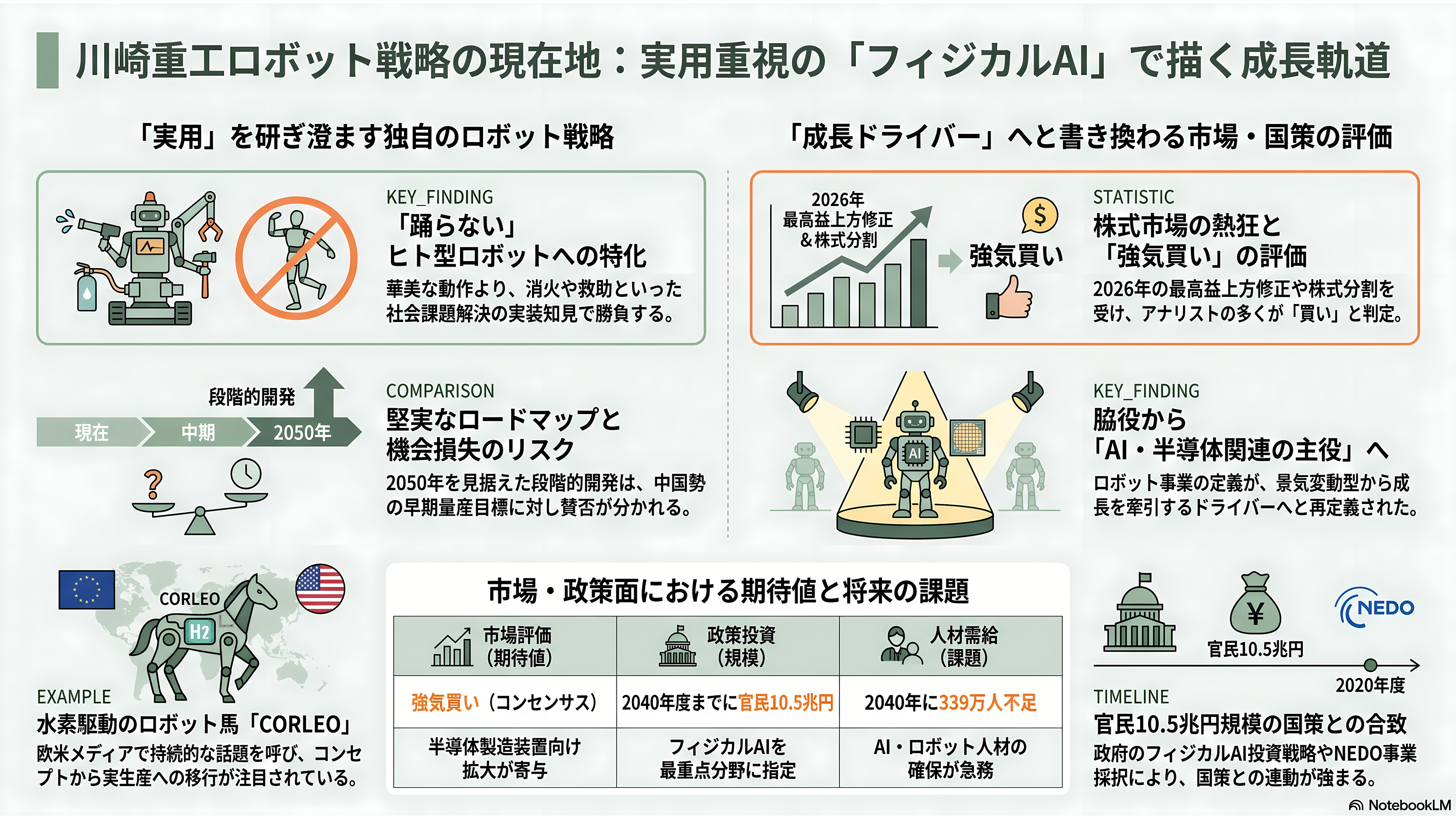 川崎重工のロボット戦略。四足歩行型CORLEO(コルレオ)、ソーシャルロボットNyokkey(ニョッキー)、ヤギがモチーフのRHP Bex(ベックス)、FORRO(フォーロ)、災害救助のRHP Kaleido(カレイド)、手術支援ロボットhinotoriと、豊富な産業用ロボット群 - 各紙・アナリストはどう報じているか——「踊らないヒト型」への評価 - 章扉