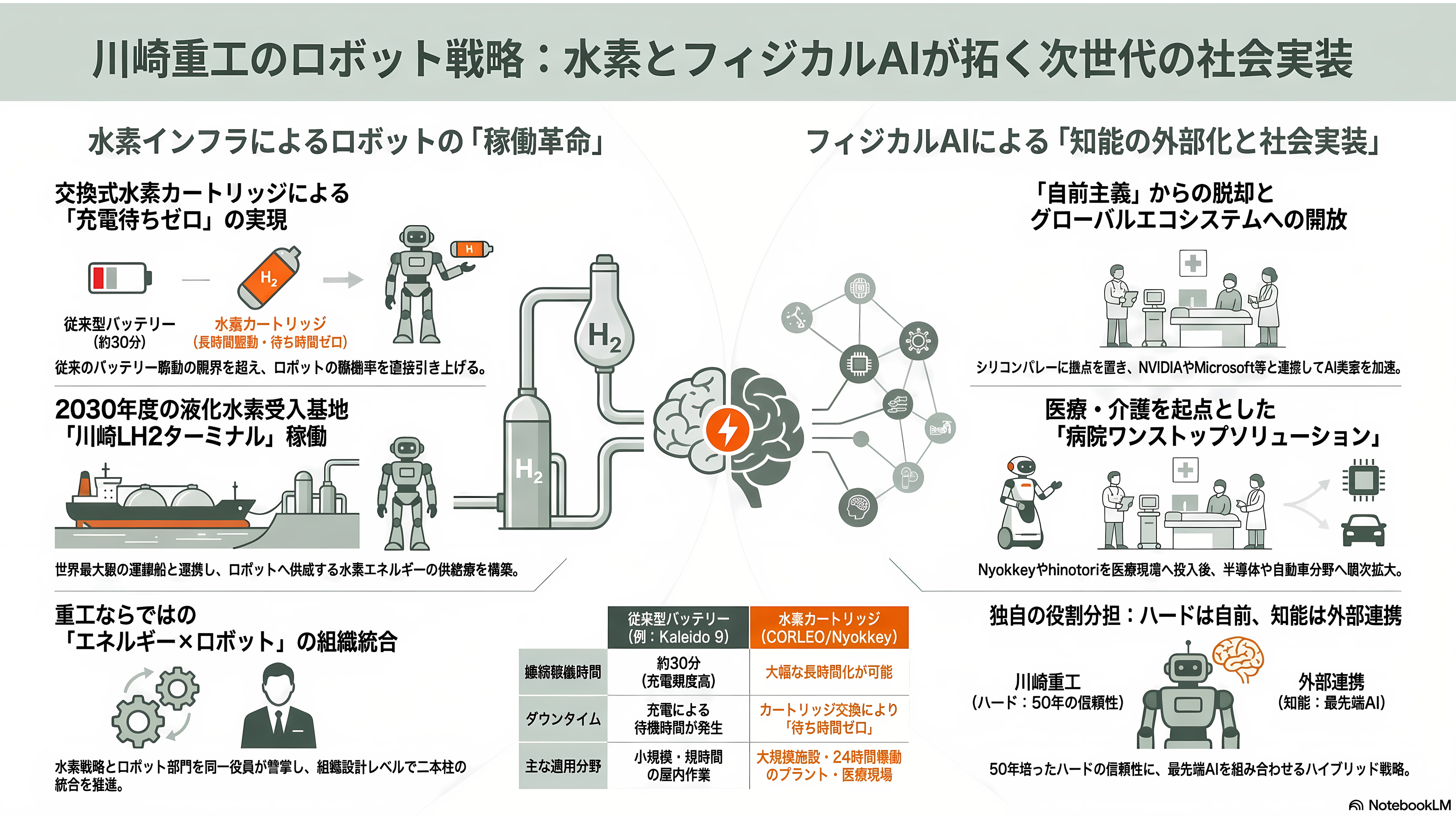 川崎重工のロボット戦略。四足歩行型CORLEO(コルレオ)、ソーシャルロボットNyokkey(ニョッキー)、ヤギがモチーフのRHP Bex(ベックス)、FORRO(フォーロ)、災害救助のRHP Kaleido(カレイド)、手術支援ロボットhinotoriと、豊富な産業用ロボット群 - 水素とフィジカルAI——重工ならではの二本柱がロボットに合流する - 章扉