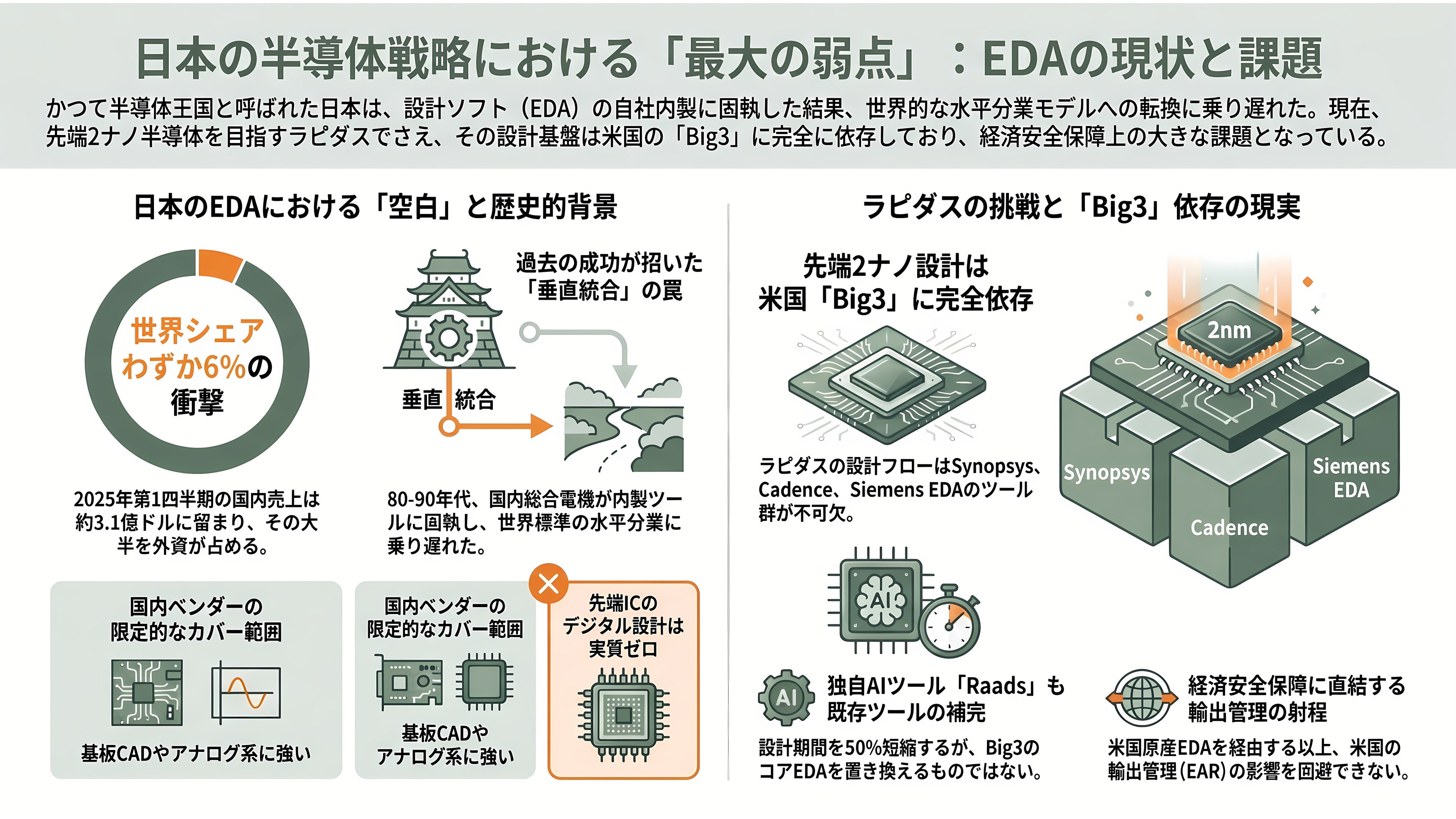 半導体の回路設計・EDA(電子設計自動化)ツールのBig 3 Synopsys(シノプシス)、Cadence(ケイデンス)、Siemens(シーメンス) - 日本の弱点——EDAがなければラピダスの工場も絵に描いた餅 - 章扉