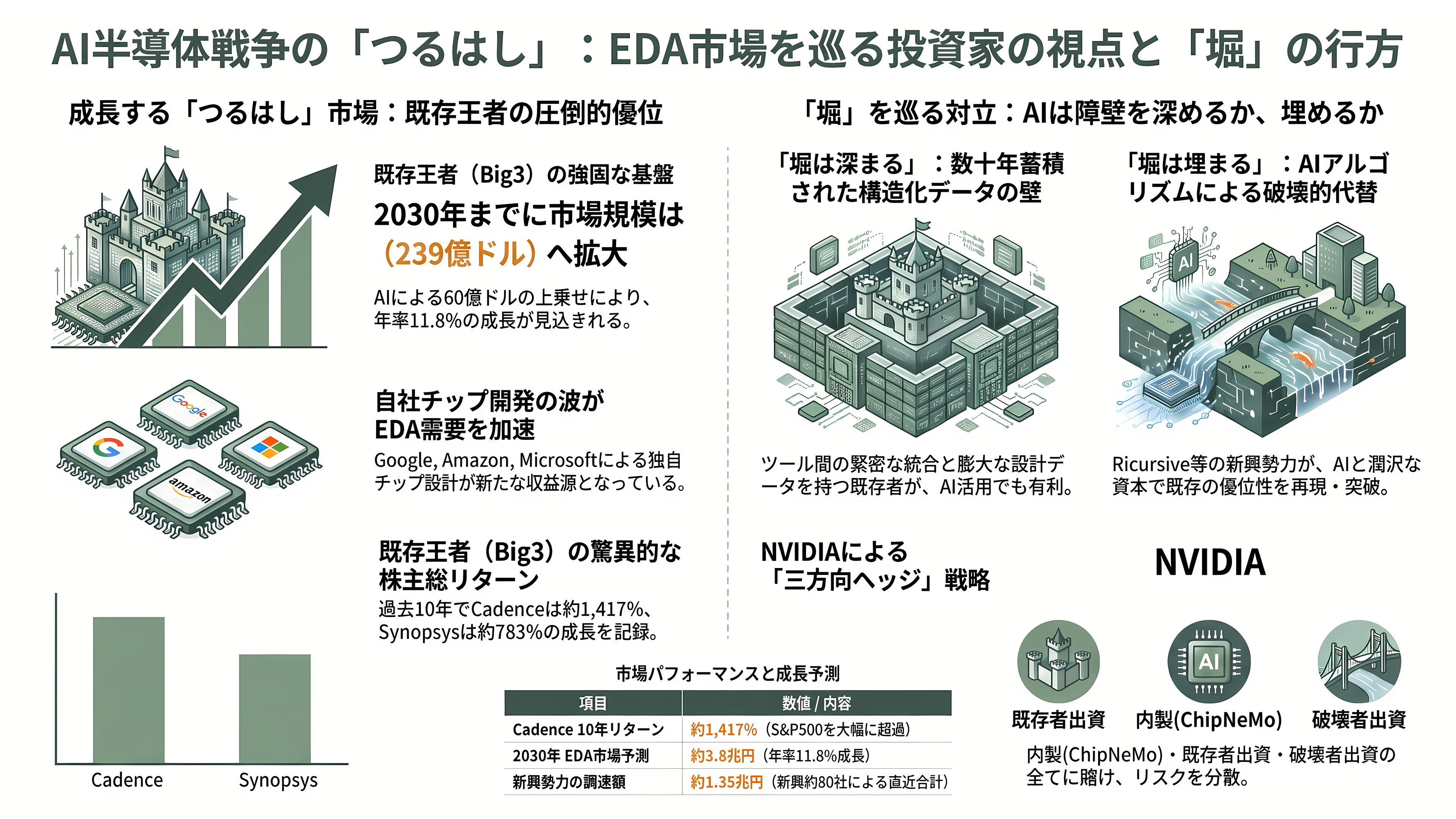 半導体の回路設計・EDA(電子設計自動化)ツールのBig 3 Synopsys(シノプシス)、Cadence(ケイデンス)、Siemens(シーメンス) - シリコンバレーVCの視点——AIブームの「つるはし」で、AIは堀を埋めるのか - 章扉
