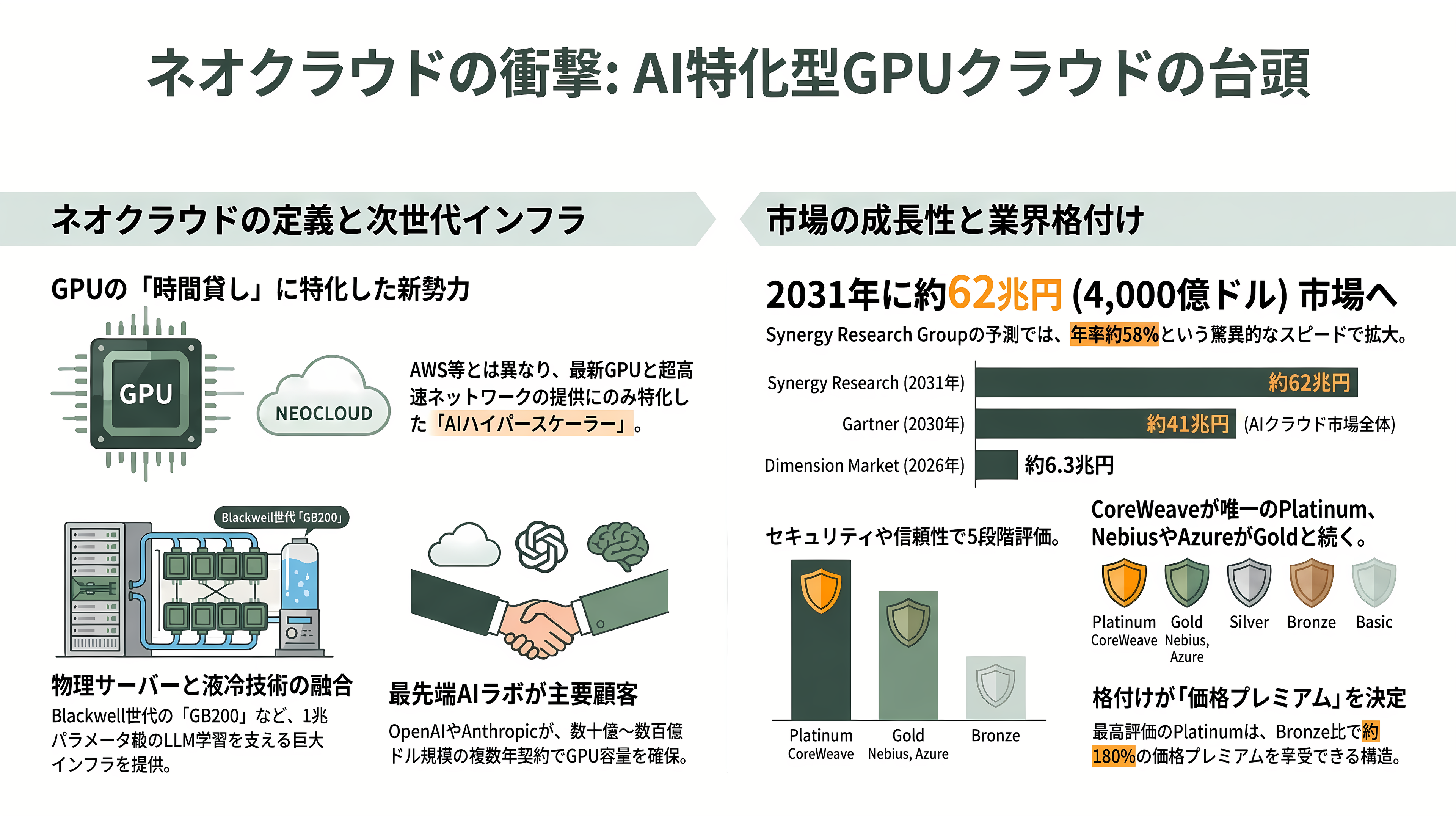 AI・GPU特化のクラウドサービス、ネオクラウド。米国のCoreWeave、Lamda Labs、オランダのNebius Group、Meta、さくらインターネット、GMOインターネットグループ、ソフトバンクGなど - ネオクラウドとは何か——GPUを「時間貸し」するAI特化クラウド - 章扉