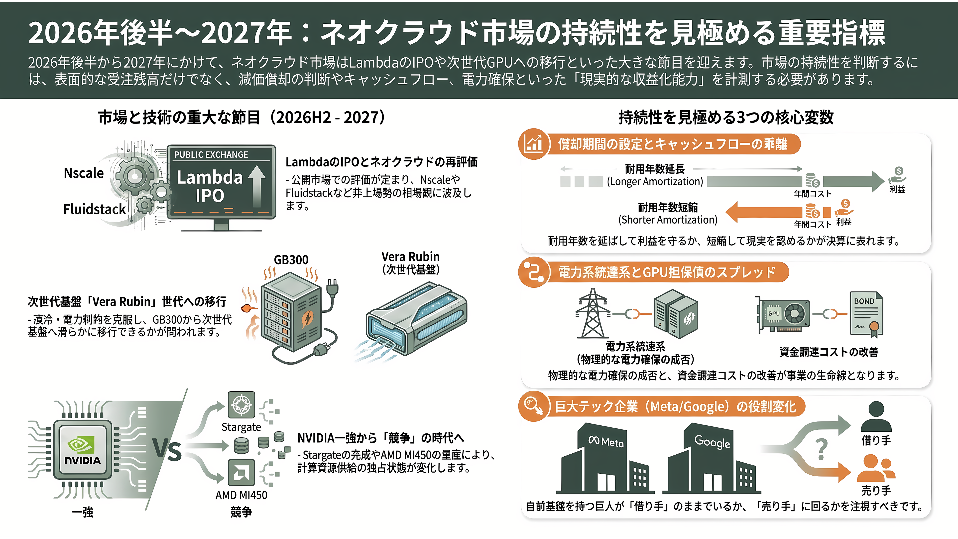 AI・GPU特化のクラウドサービス、ネオクラウド。米国のCoreWeave、Lamda Labs、オランダのNebius Group、Meta、さくらインターネット、GMOインターネットグループ、ソフトバンクGなど - 今後の焦点——2026年後半〜2027年に何を計測すべきか - 章扉