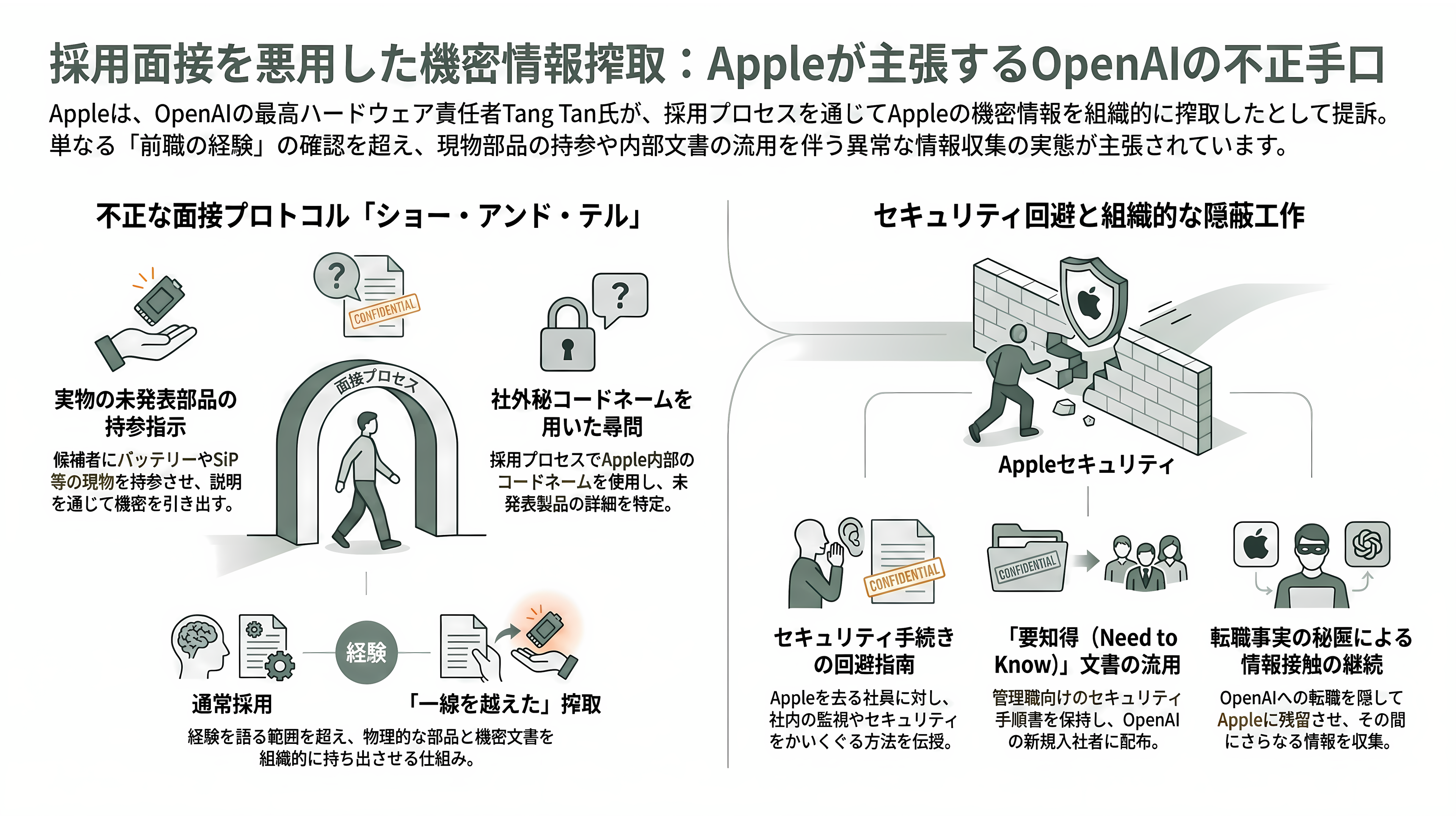 Appleが産業スパイ疑惑でOpenAIを提訴。数十件の機密技術文書を持ち出し、採用面接に機密情報を持ち出すよう指示か - 事件の詳細①──「実物の部品を面接に持って来い」という指示 - 章扉