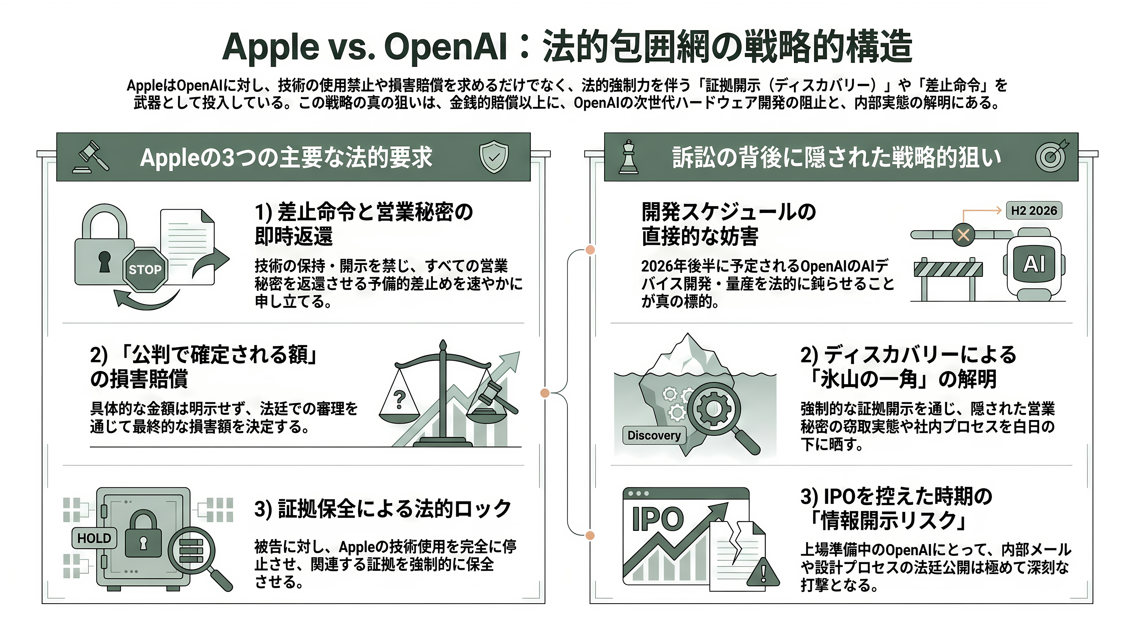 Appleが産業スパイ疑惑でOpenAIを提訴。数十件の機密技術文書を持ち出し、採用面接に機密情報を持ち出すよう指示か - Apple側の要求──差止め・証拠保全・そして「ディスカバリー」という武器 - 章扉