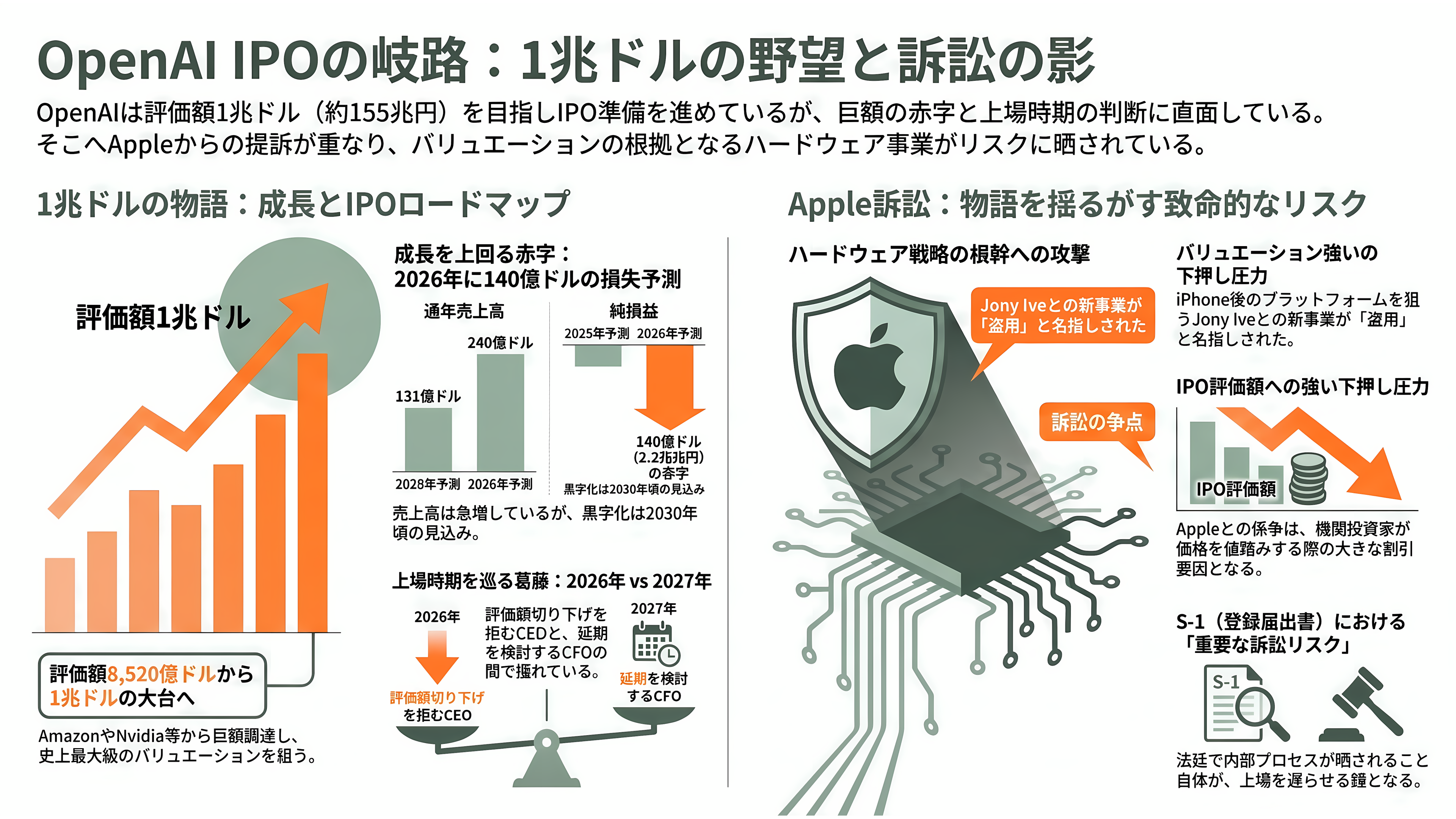 Appleが産業スパイ疑惑でOpenAIを提訴。数十件の機密技術文書を持ち出し、採用面接に機密情報を持ち出すよう指示か - OpenAIのIPOに落ちた影──1兆ドルの物語に走った亀裂 - 章扉