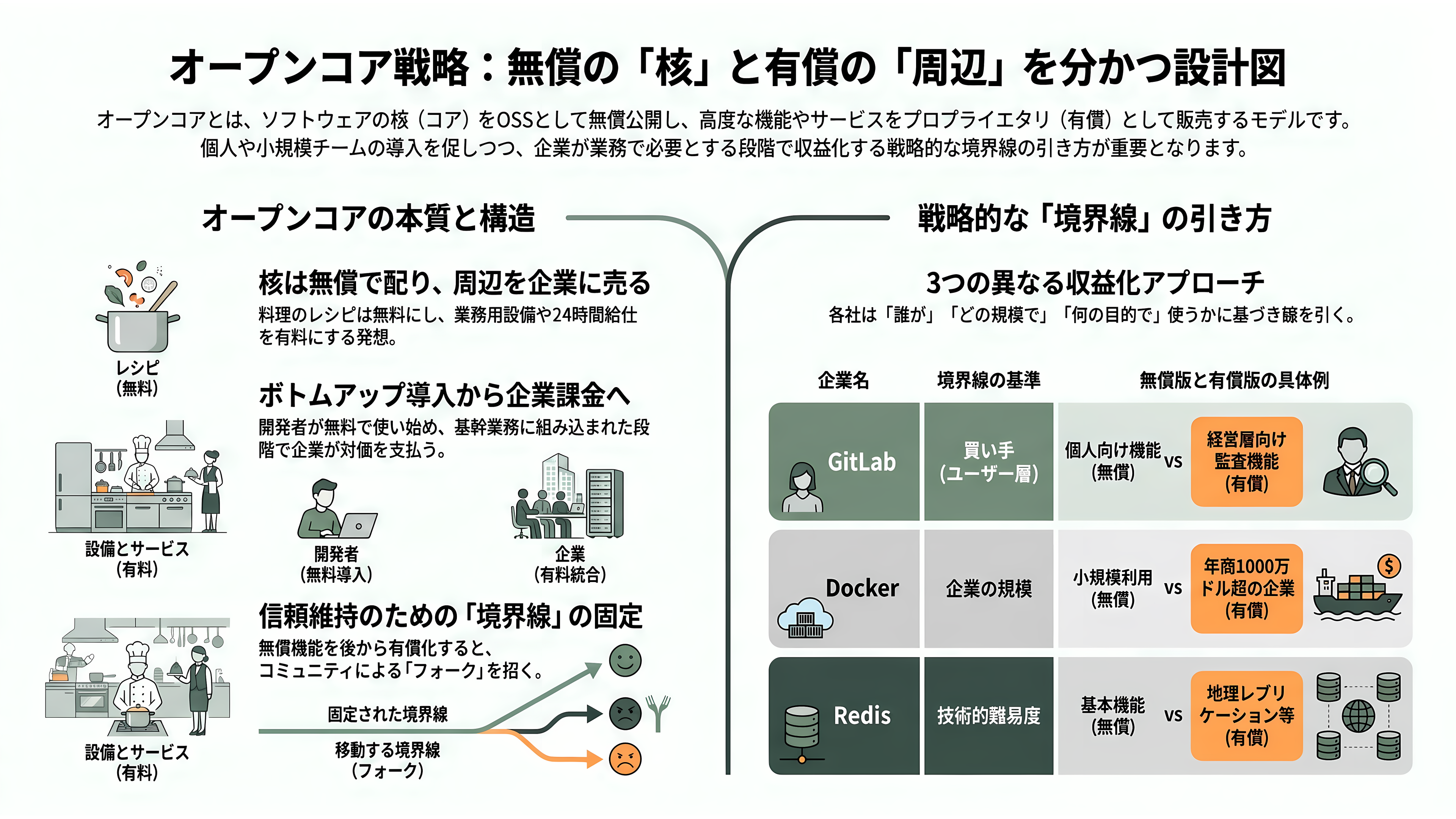 オープンコア戦略(Open Core Strategy)。無償OSSと有償エンタープライズ版の同時展開。Databricks、Odoo、Supabase、Docker、Vercel、Redis、Mattermost、Mistral AI、GitLab - オープンコア戦略とは何か——「核は無償で配り、周辺を企業に売る」設計 - 章扉