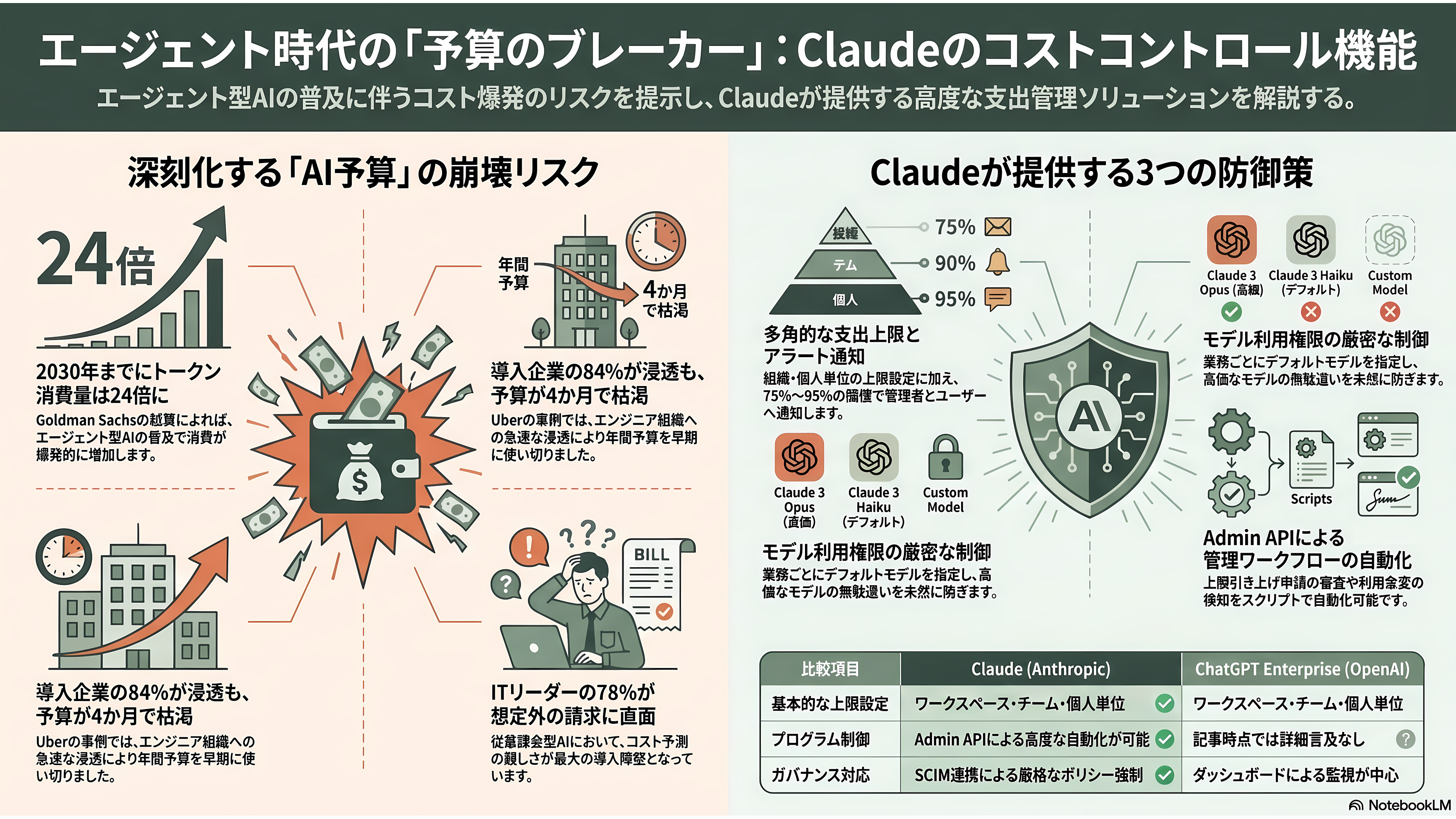 Claude エンタープライズプランとは。監査ログ、コンプライアンスAPI、部署別ダッシュボード、分析API、SCIM、職場ツール用コネクタ、コストコントロール機能 - コストコントロール機能 ── エージェント時代の「予算のブレーカー」 - 章扉