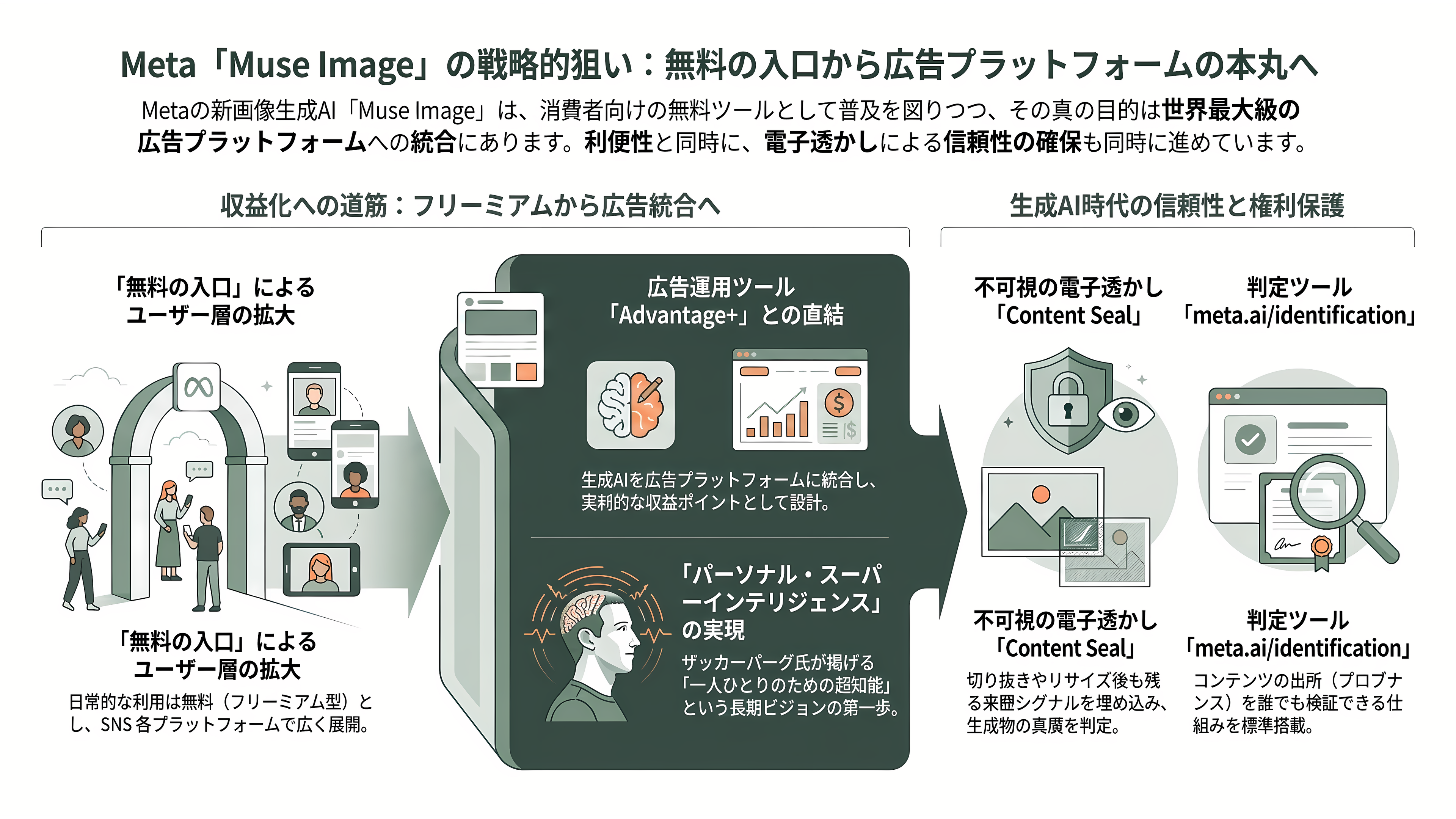 Meta、プレビュー版の動画生成AI Muse Video、画像生成AI Muse Image(ミューズ・イメージ)の提供を開始 - 提供形態と狙い ― 「無料の入口」から広告へ - 章扉