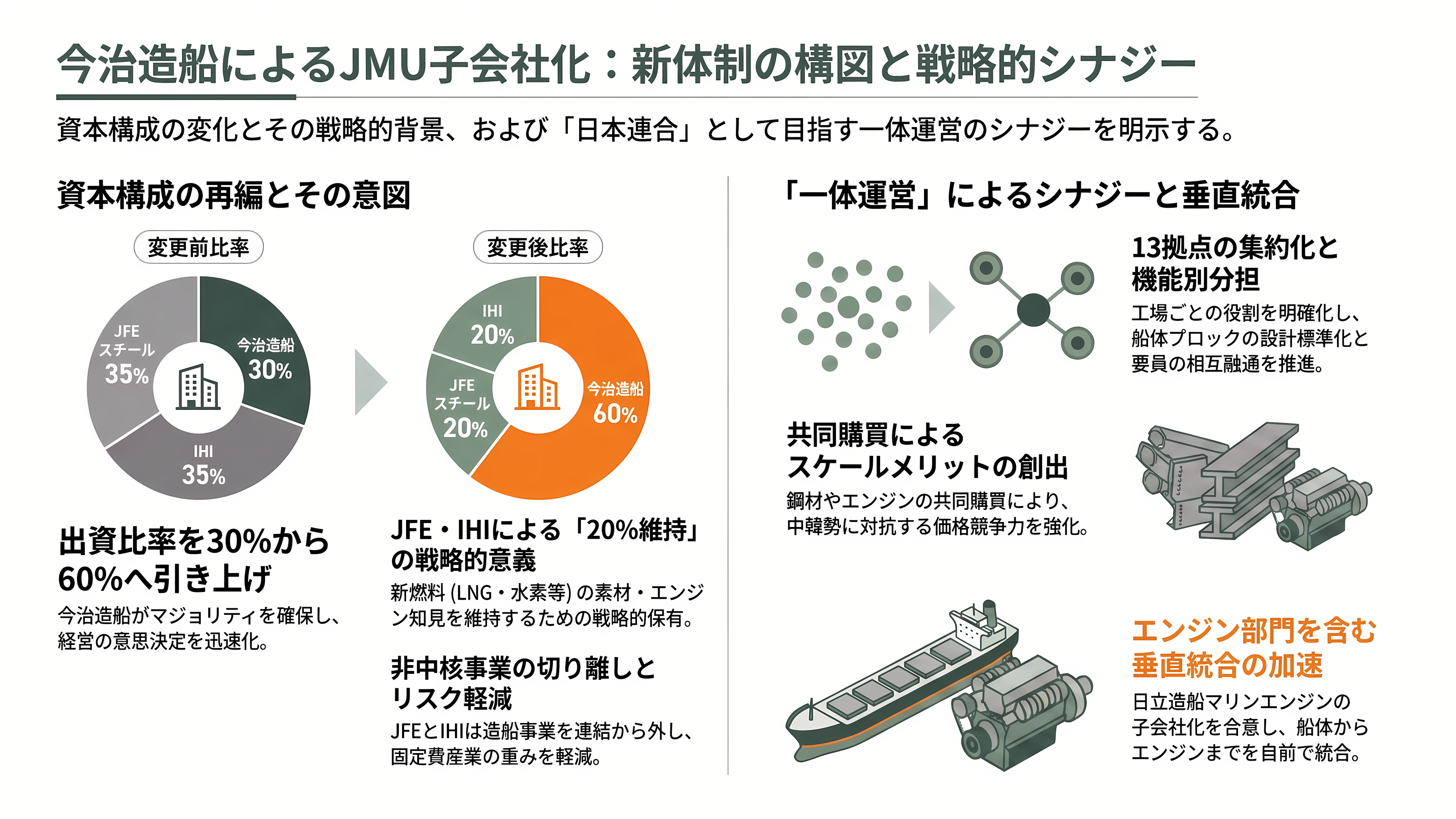 国内トップの今治造船が、二位のジャパンマリンユナイテッド(JMU)を子会社化、オールジャパンで中国・韓国勢に挑む - 子会社化の構図 ― 30%から60%へ、対価は非開示 - 章扉