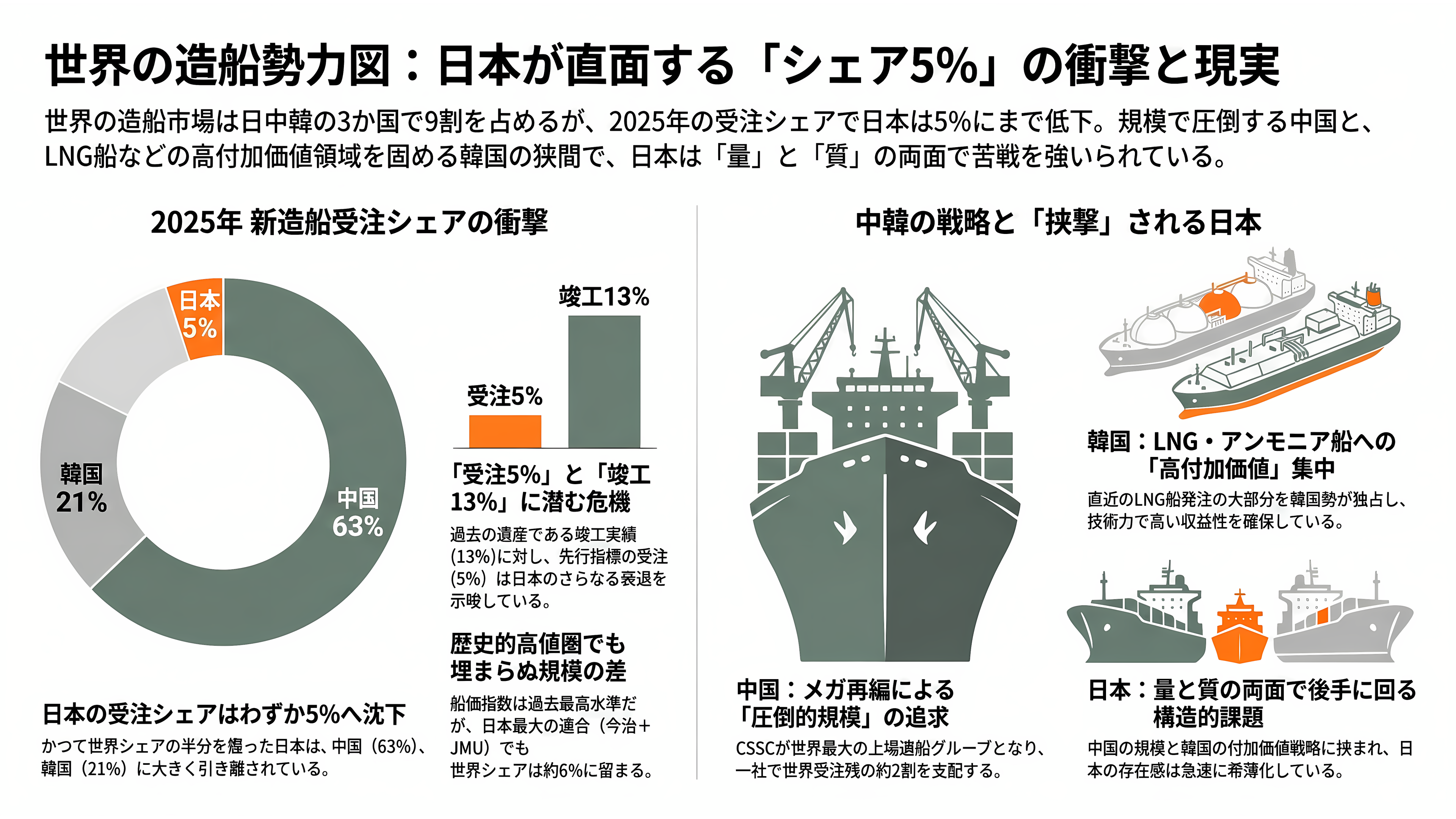 国内トップの今治造船が、二位のジャパンマリンユナイテッド(JMU)を子会社化、オールジャパンで中国・韓国勢に挑む - 世界の造船勢力図 ― 中国63%、韓国21%、日本5%という現実 - 章扉