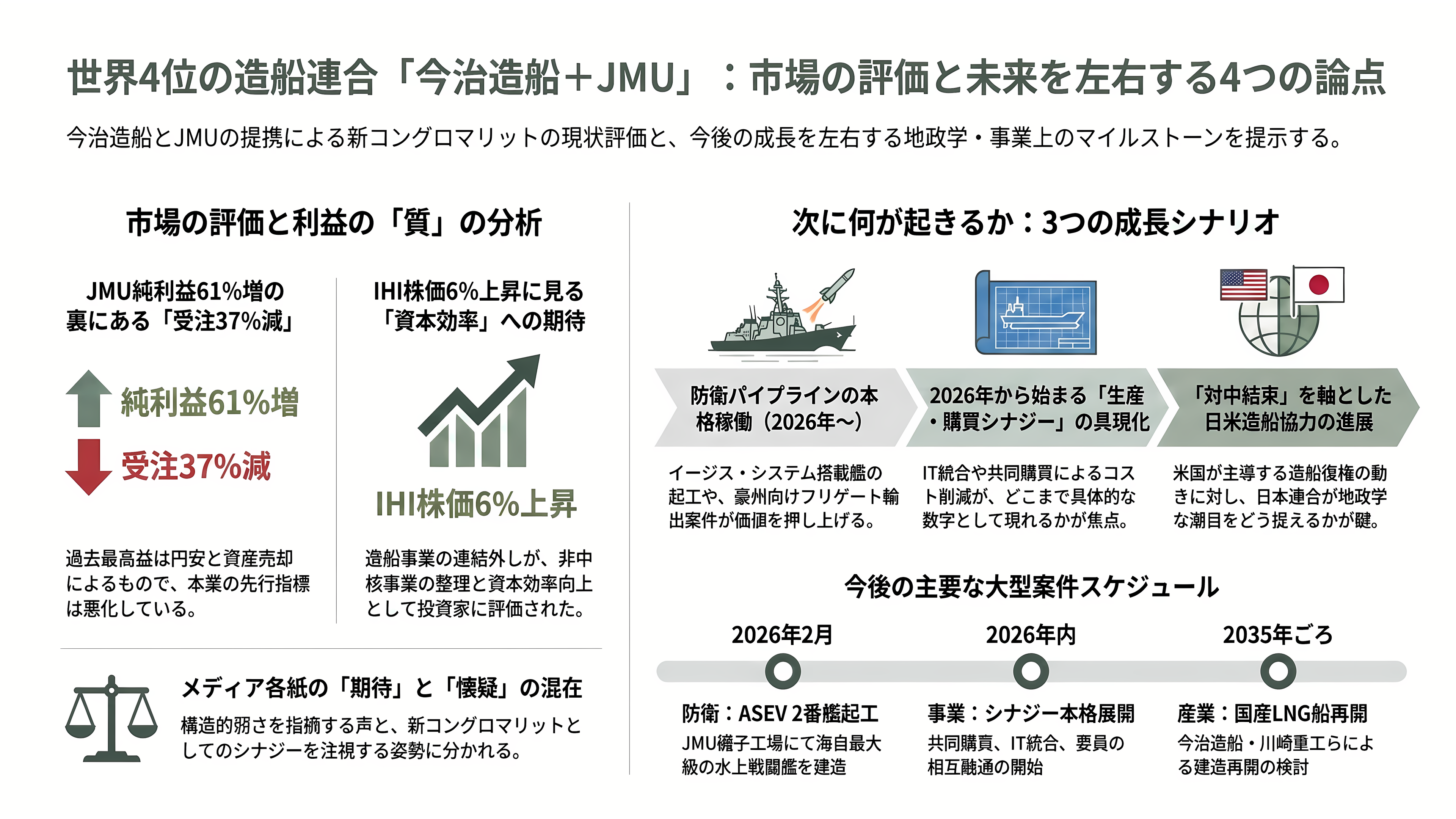 国内トップの今治造船が、二位のジャパンマリンユナイテッド(JMU)を子会社化、オールジャパンで中国・韓国勢に挑む - 投資家・アナリスト・各紙はどう読んだか、そして次に何が起きるか - 章扉
