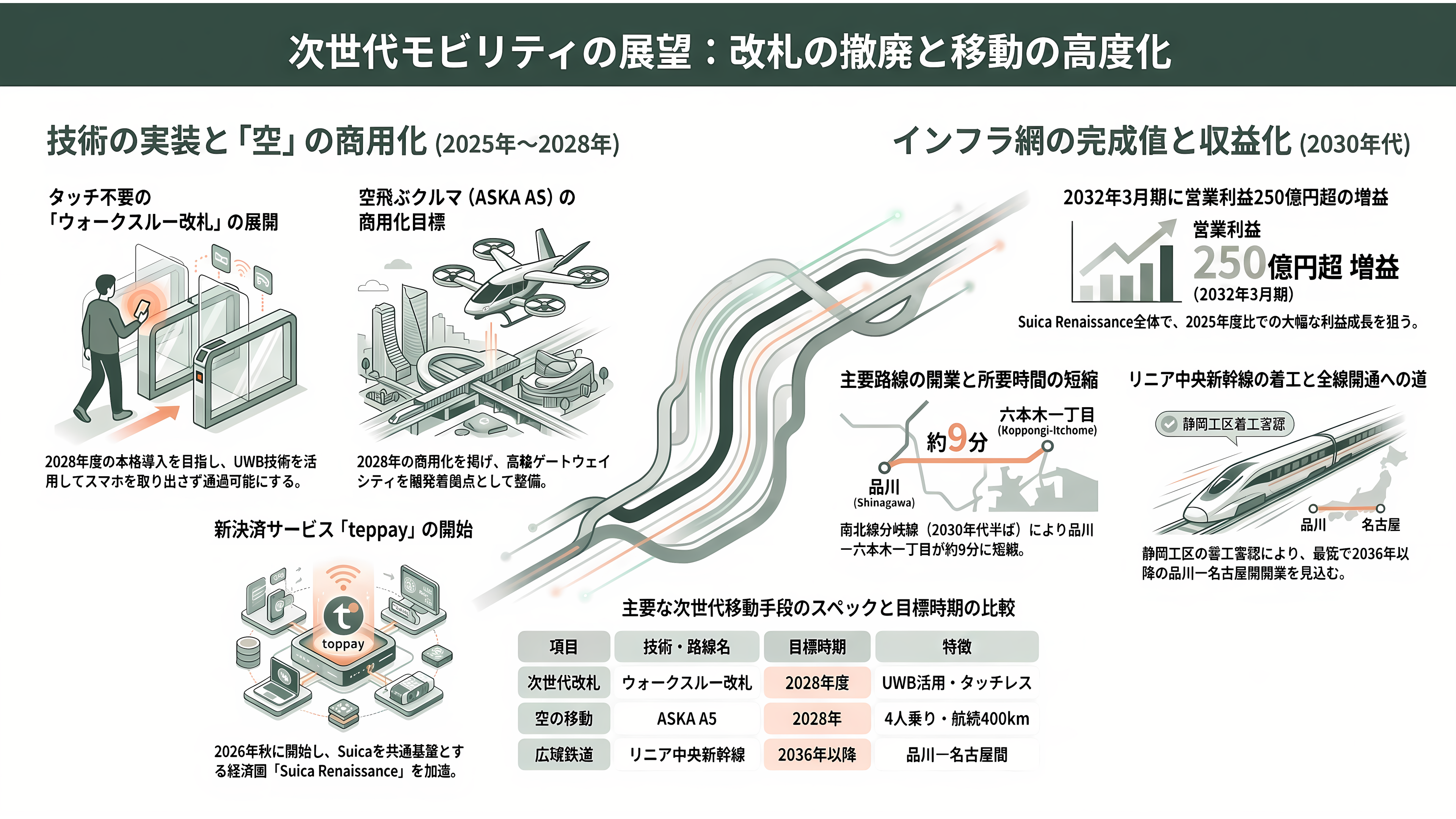品川大規模再開発、TAKANAWA GATEWAY CITY(高輪ゲートウェイシティ)、都市OS ✕ 鉄道OS、デジタルツイン。JR東(9020)、京急(9006)、大林組(1802)、鉄建建設(1815)、西武HD(9024)、東京都競馬(9672) - 次世代モビリティ――改札が消え、クルマが飛ぶ - 章扉