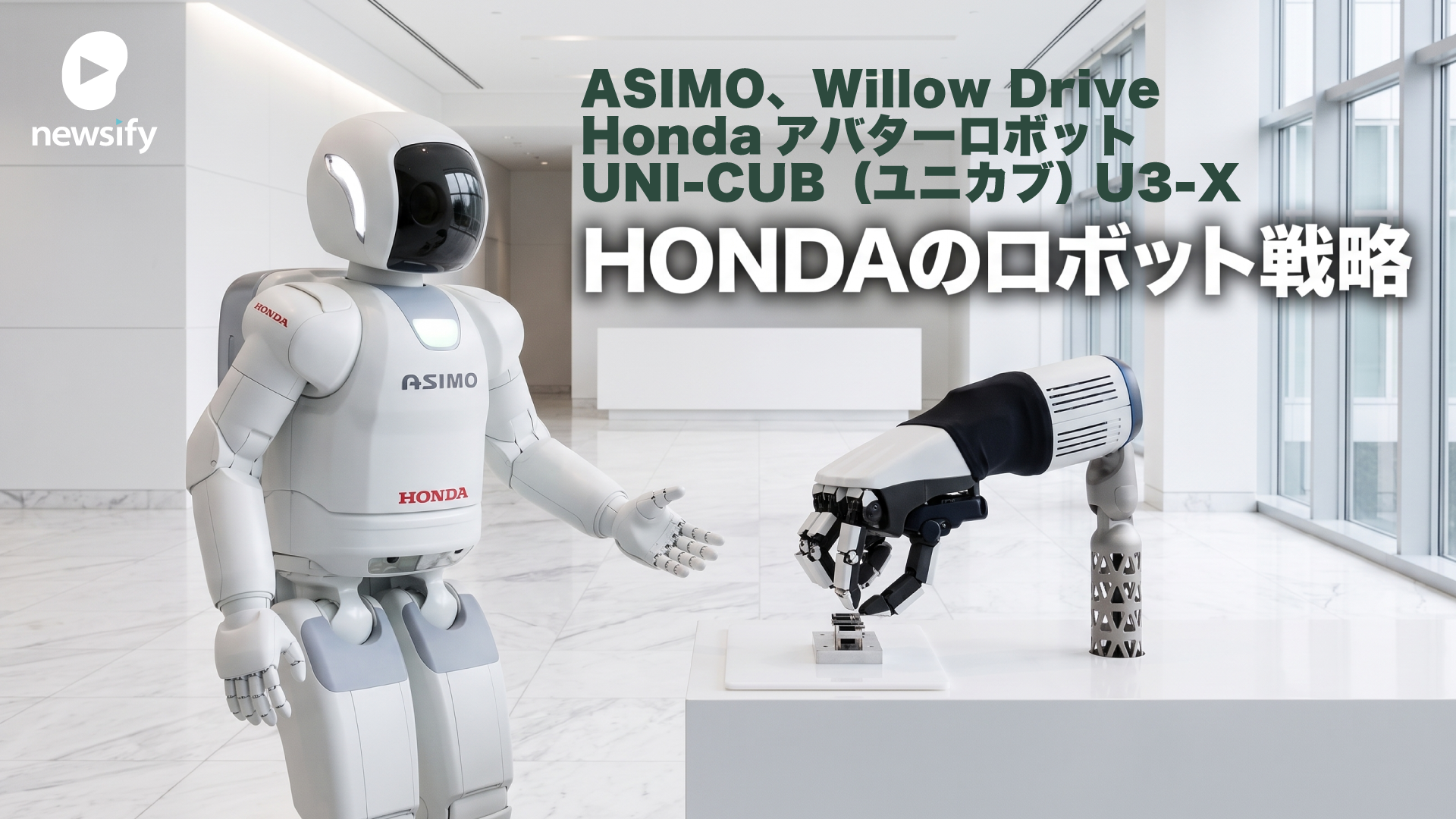 HONDAのロボット戦略。ASIMO（アシモ）から、Willow Drive（ウィロウ ドライブ）、Hondaアバターロボット、UNI-CUB（ユニカブ） U3-X、Honda歩行アシスト