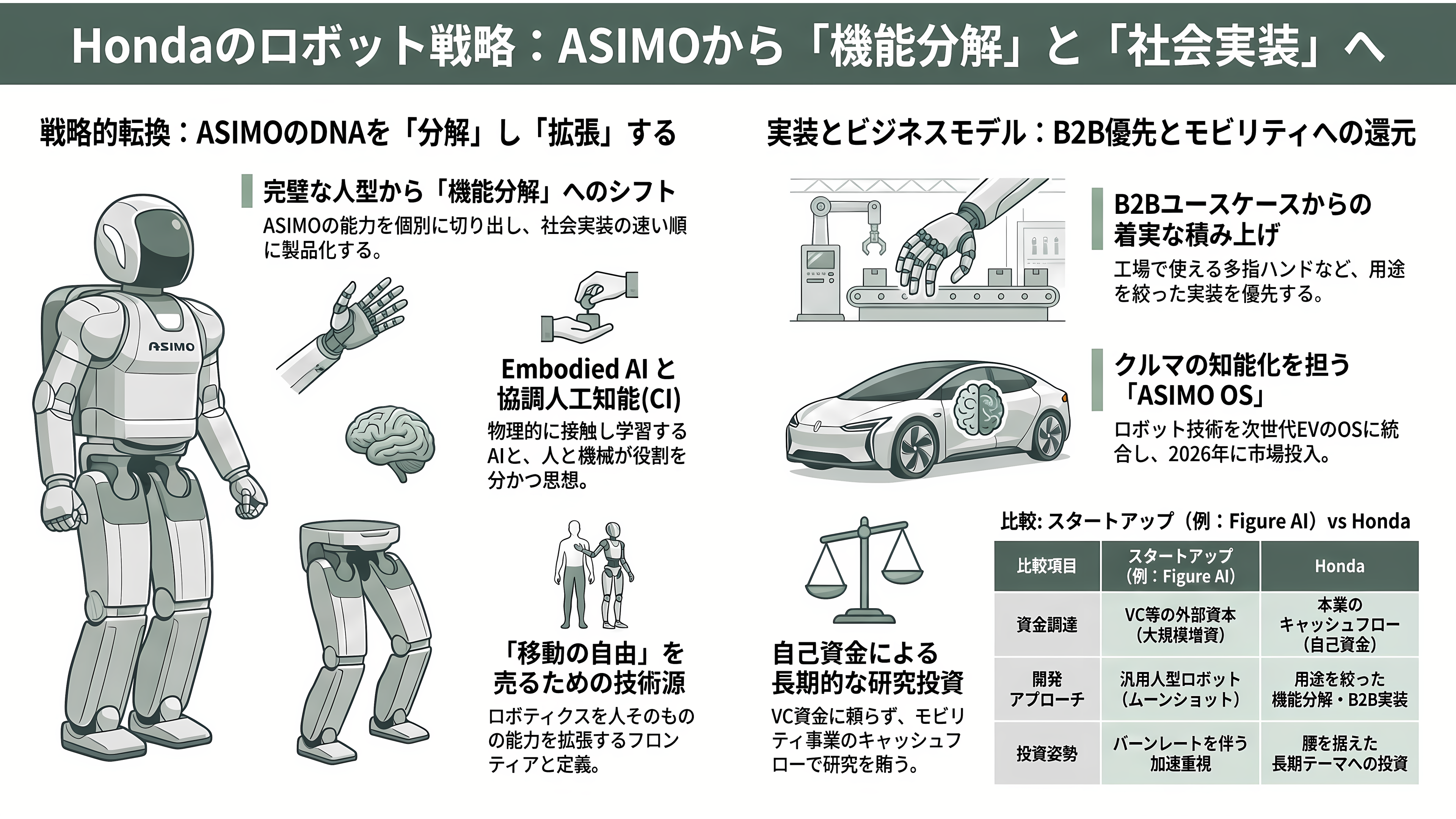 HONDAのロボット戦略。ASIMO(アシモ)から、Willow Drive(ウィロウ ドライブ)、Hondaアバターロボット、UNI-CUB(ユニカブ) U3-X、Honda歩行アシスト - Hondaのロボット戦略の全体像 ― 「歩く」から「手」へ、そして機能の分解 - 章扉