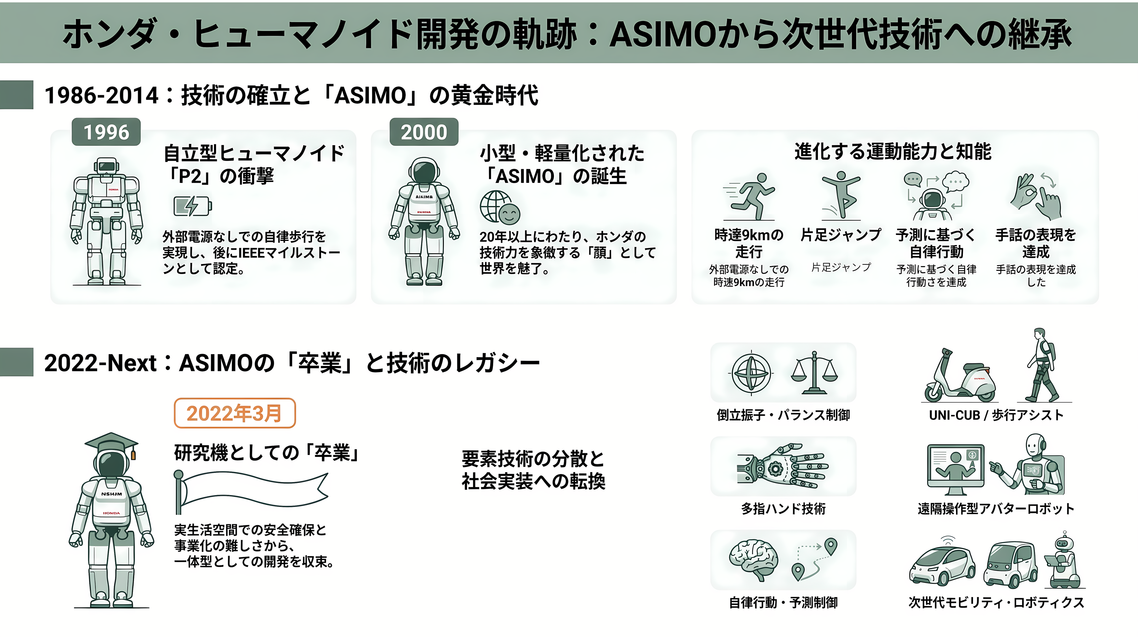 HONDAのロボット戦略。ASIMO(アシモ)から、Willow Drive(ウィロウ ドライブ)、Hondaアバターロボット、UNI-CUB(ユニカブ) U3-X、Honda歩行アシスト - ロボット開発の歴史 ― E0からASIMO、そして「卒業」まで - 章扉