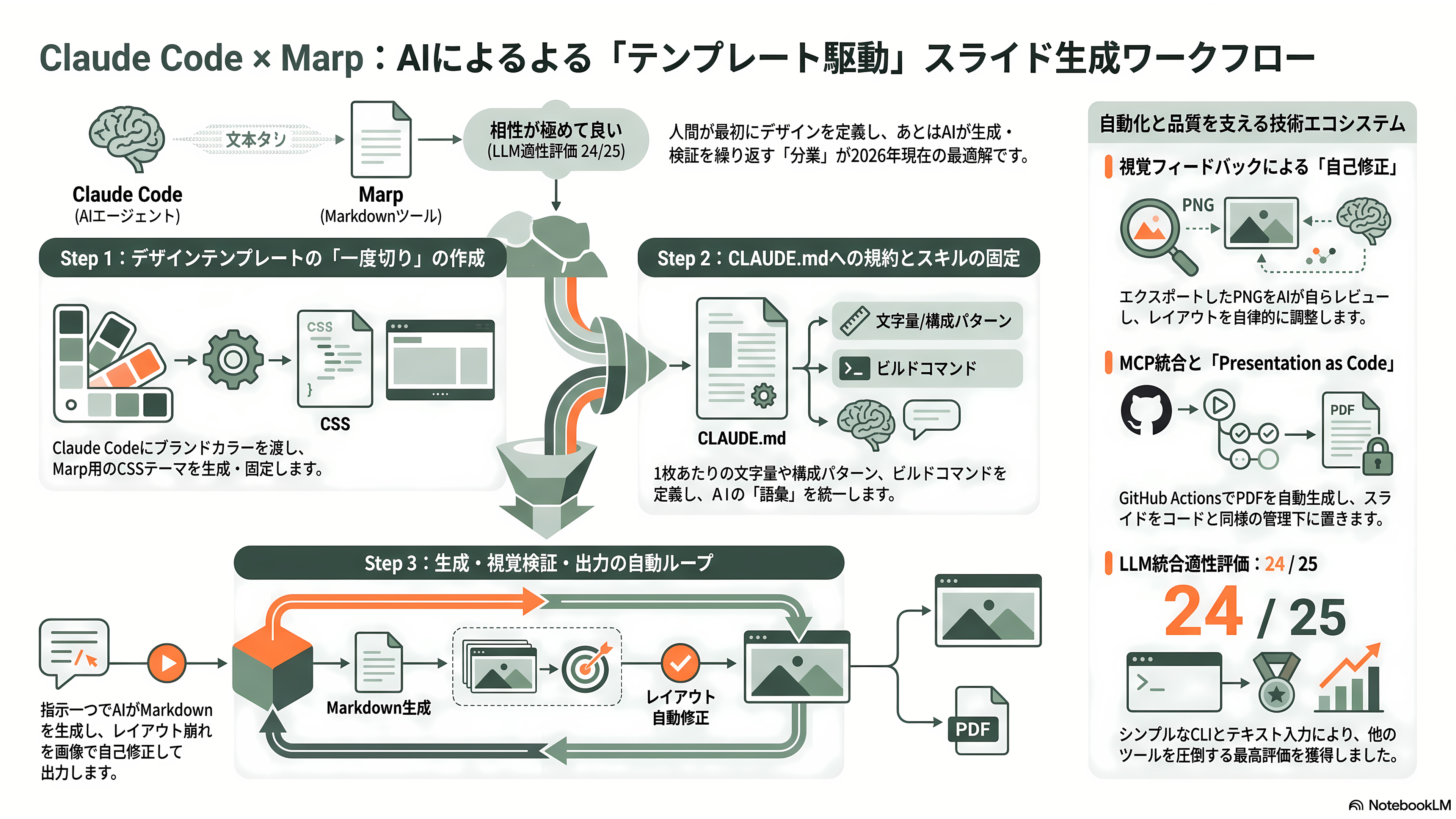 Marp、マークダウンから編集可能なPowerPointスライドを作成するOSS。Claude Codeとの相性も最高なMarp CLIとは - Claude Code×Marp——テンプレート駆動ワークフローの実際 - 章扉
