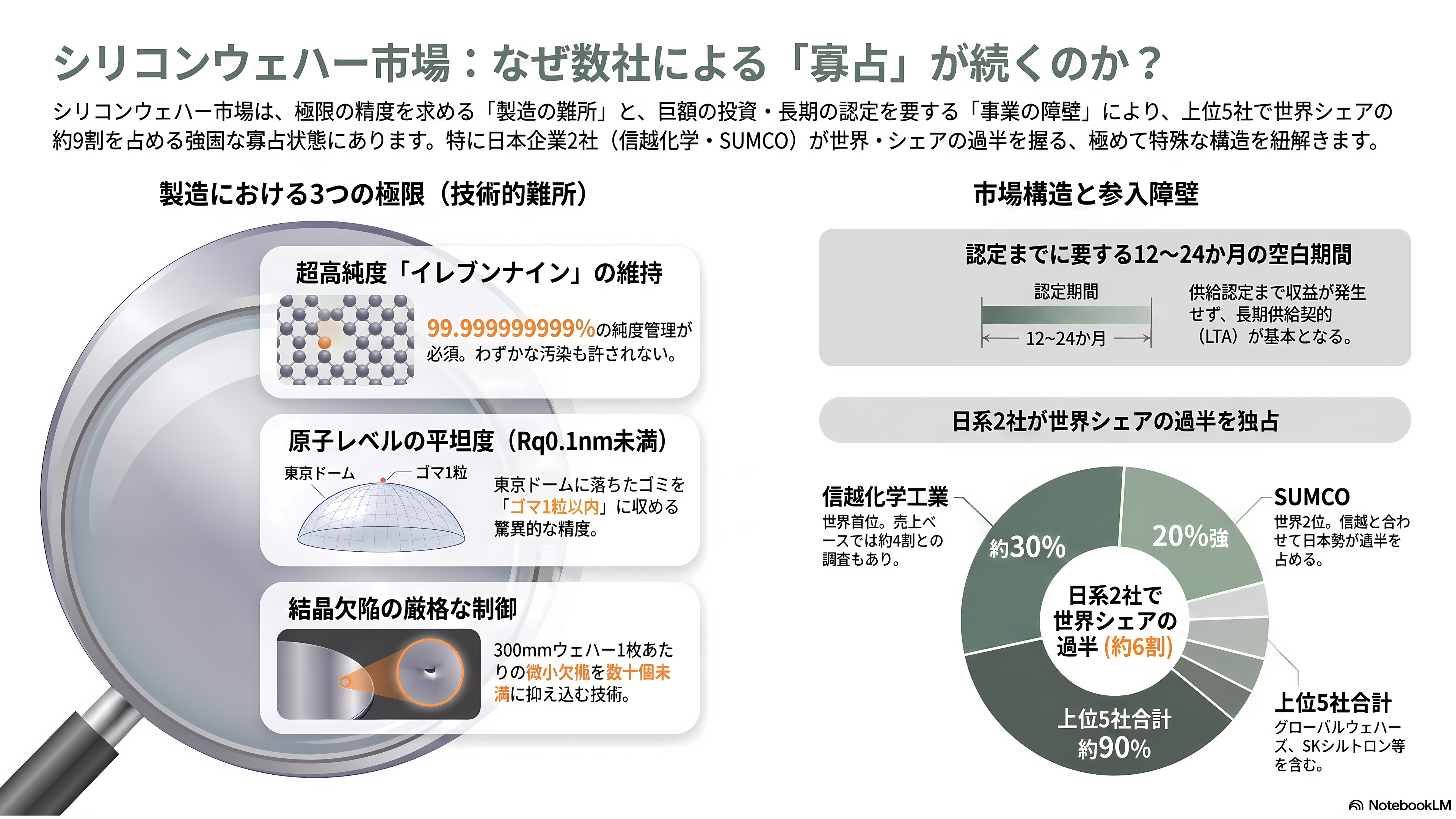 シリコンウェハーで世界トップシェア 信越化学工業(4063)、SUMCO (3436)、台湾グローバルウェハーズ、韓国SKシルトロン、ドイツシルトロニック - なぜ数社しか作れないのか──製造の難所と参入障壁 - 章扉