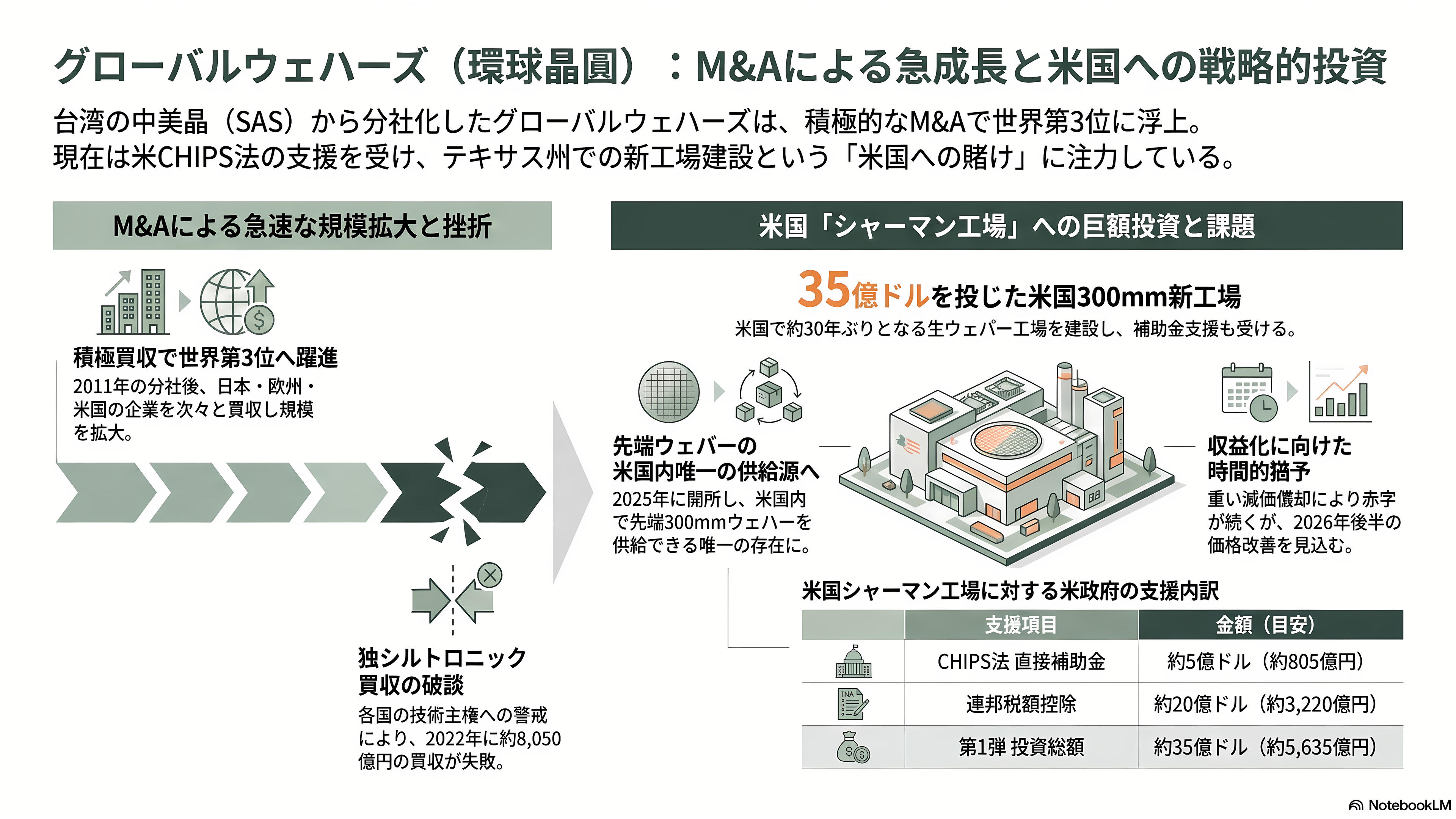 シリコンウェハーで世界トップシェア 信越化学工業(4063)、SUMCO (3436)、台湾グローバルウェハーズ、韓国SKシルトロン、ドイツシルトロニック - 台湾グローバルウェハーズ(環球晶圓)──買収で駆け上がり、米国に賭ける - 章扉