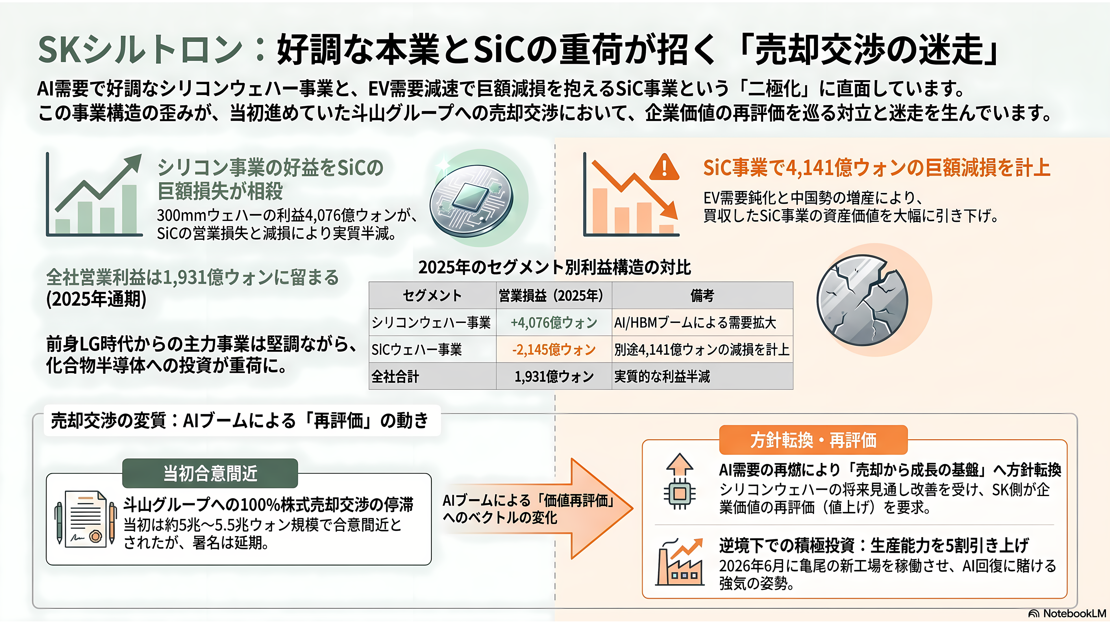 シリコンウェハーで世界トップシェア 信越化学工業(4063)、SUMCO (3436)、台湾グローバルウェハーズ、韓国SKシルトロン、ドイツシルトロニック - 韓国SKシルトロン──売却交渉の迷走とSiCの重荷 - 章扉