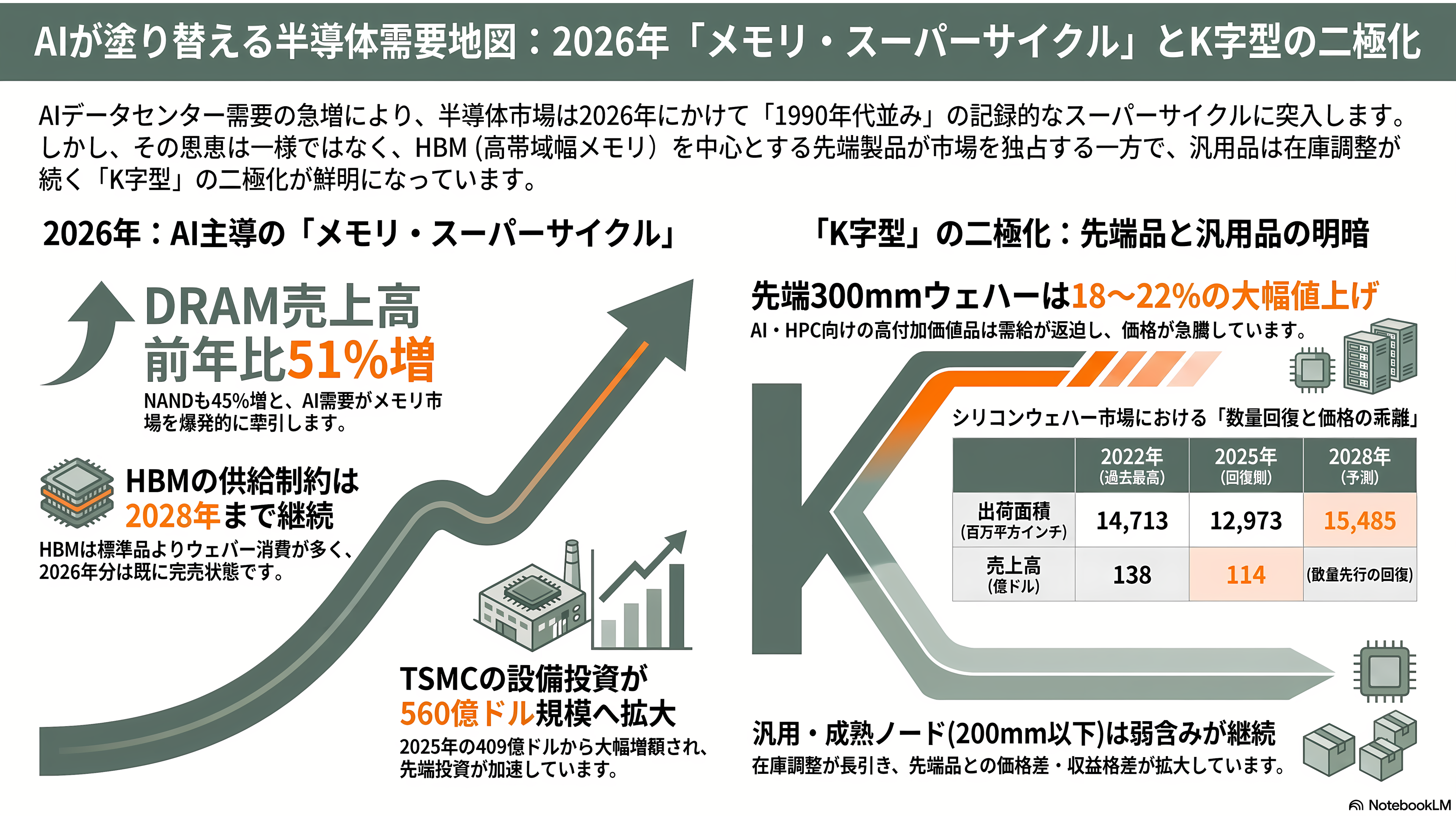 シリコンウェハーで世界トップシェア 信越化学工業(4063)、SUMCO (3436)、台湾グローバルウェハーズ、韓国SKシルトロン、ドイツシルトロニック - AIが塗り替えた需要地図──メモリ・スーパーサイクルと「K字」の二極化 - 章扉