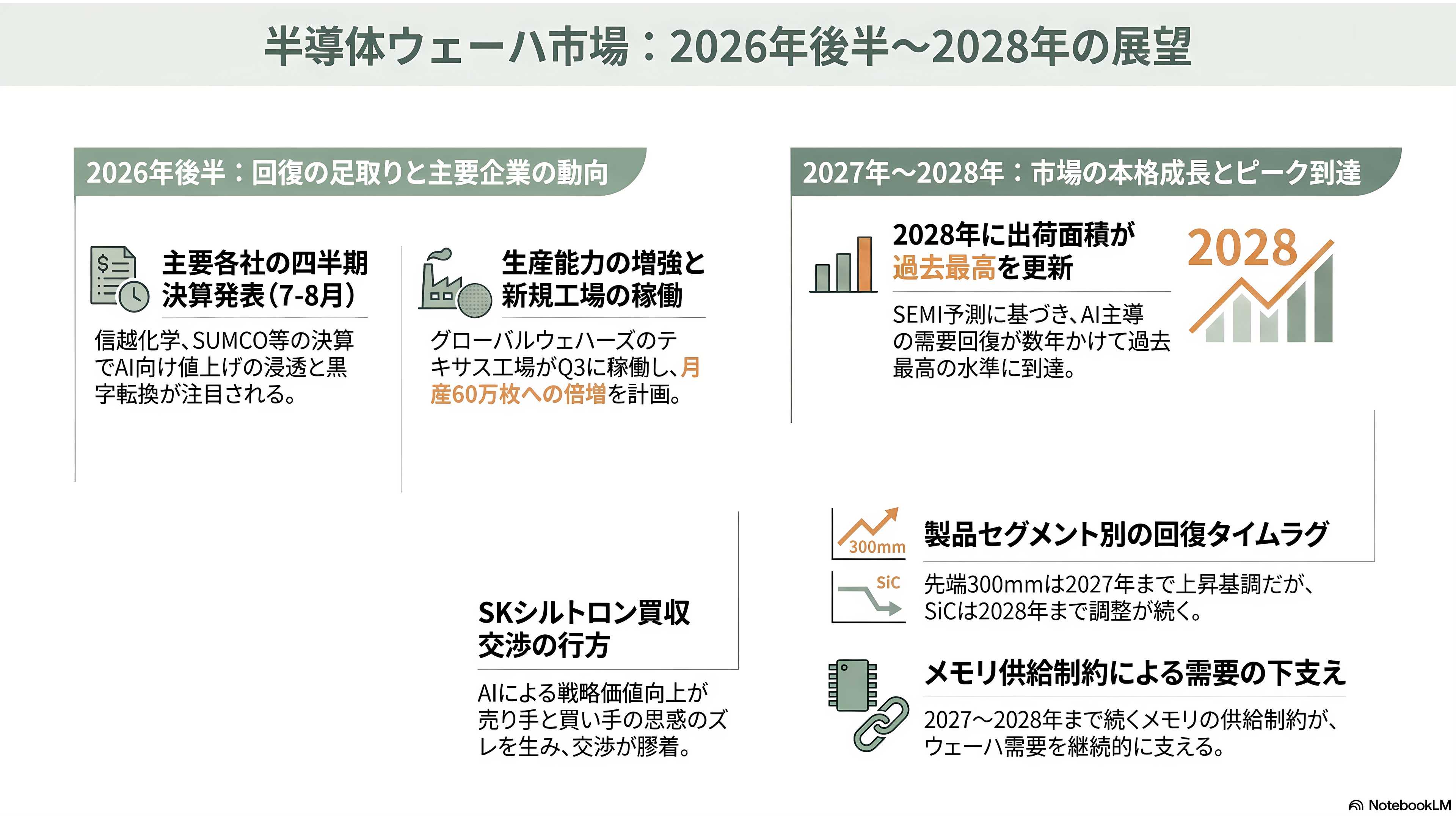 シリコンウェハーで世界トップシェア 信越化学工業(4063)、SUMCO (3436)、台湾グローバルウェハーズ、韓国SKシルトロン、ドイツシルトロニック - 今後の焦点──2026年後半から2028年への時間軸 - 章扉