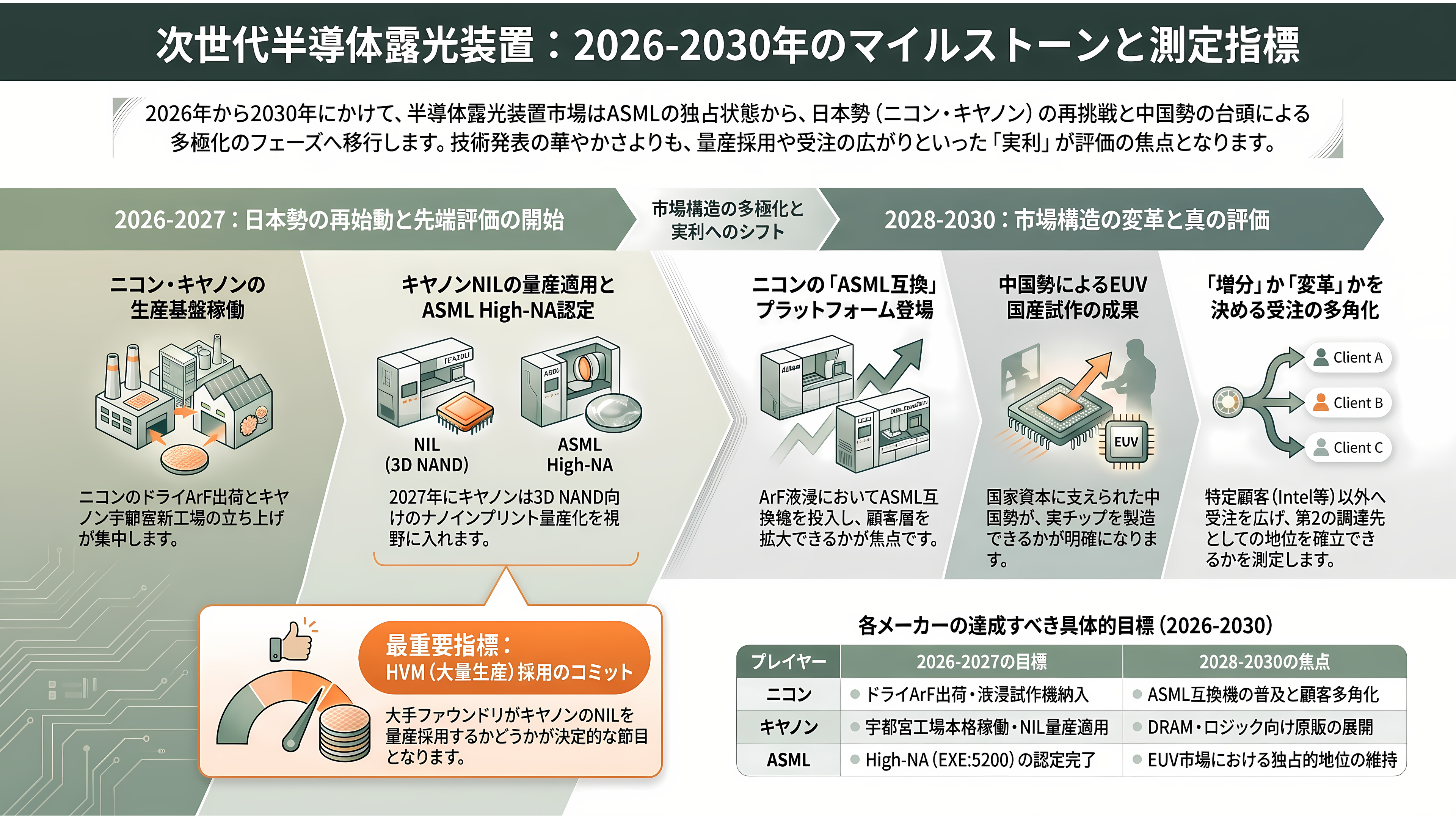 半導体露光装置(リソグラフィ装置)、スタンプ方式のナノインプリントと後工程に強みのキヤノン、高精度なArF液浸の深掘りとASML互換のニコン - 今後の測定ポイント — 2026〜2030年に何が計測されるか - 章扉