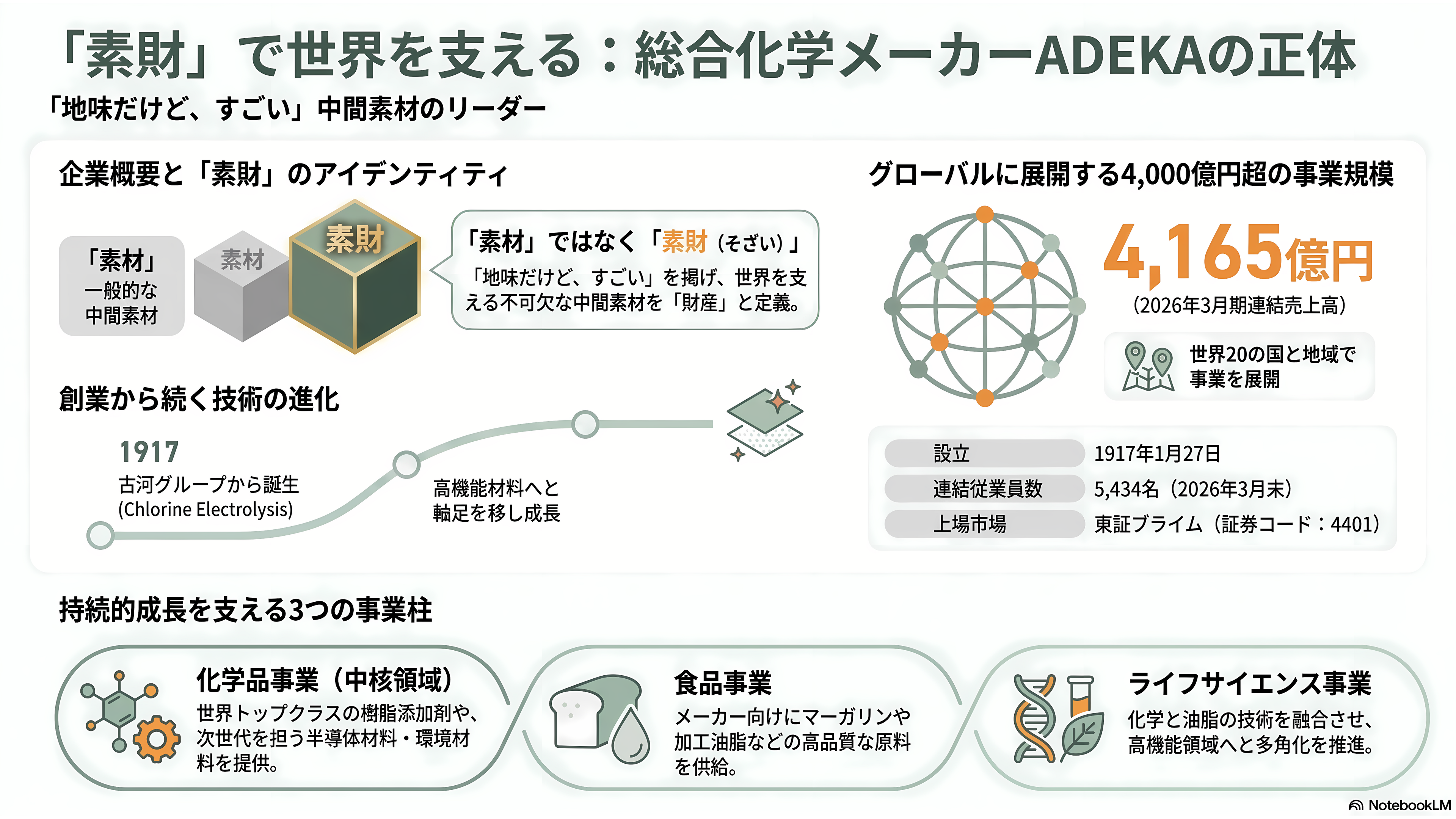 ADEKA（アデカ）（4401）先端DRAM向け原子層堆積（ALD）用高誘電材料で世界トップシェア - ADEKAとは──「素財」で世界を支える化学メーカー - 章扉