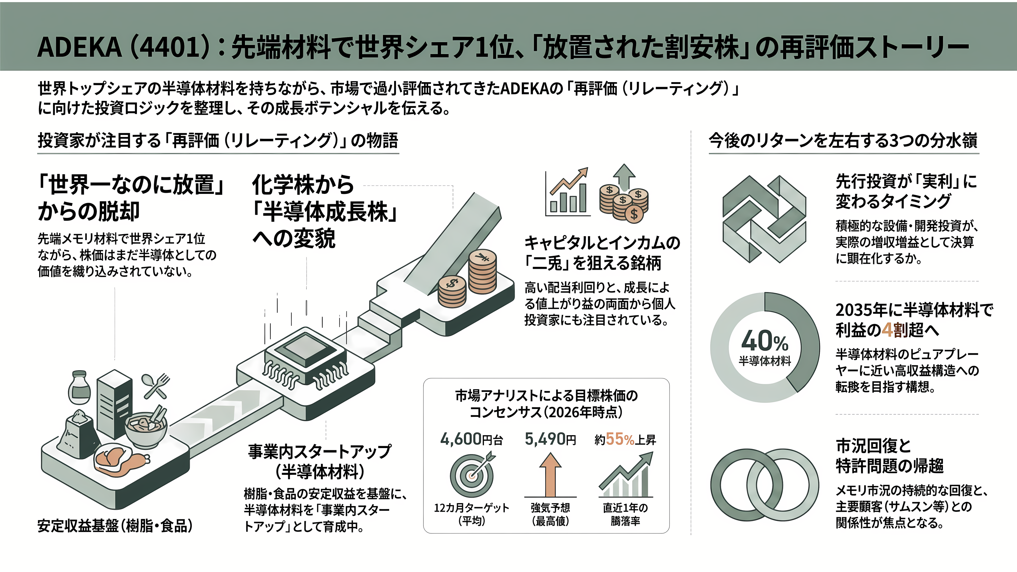 ADEKA（アデカ）（4401）先端DRAM向け原子層堆積（ALD）用高誘電材料で世界トップシェア - 投資家はどう見ているか──「世界一なのに放置」の再評価物語 - 章扉