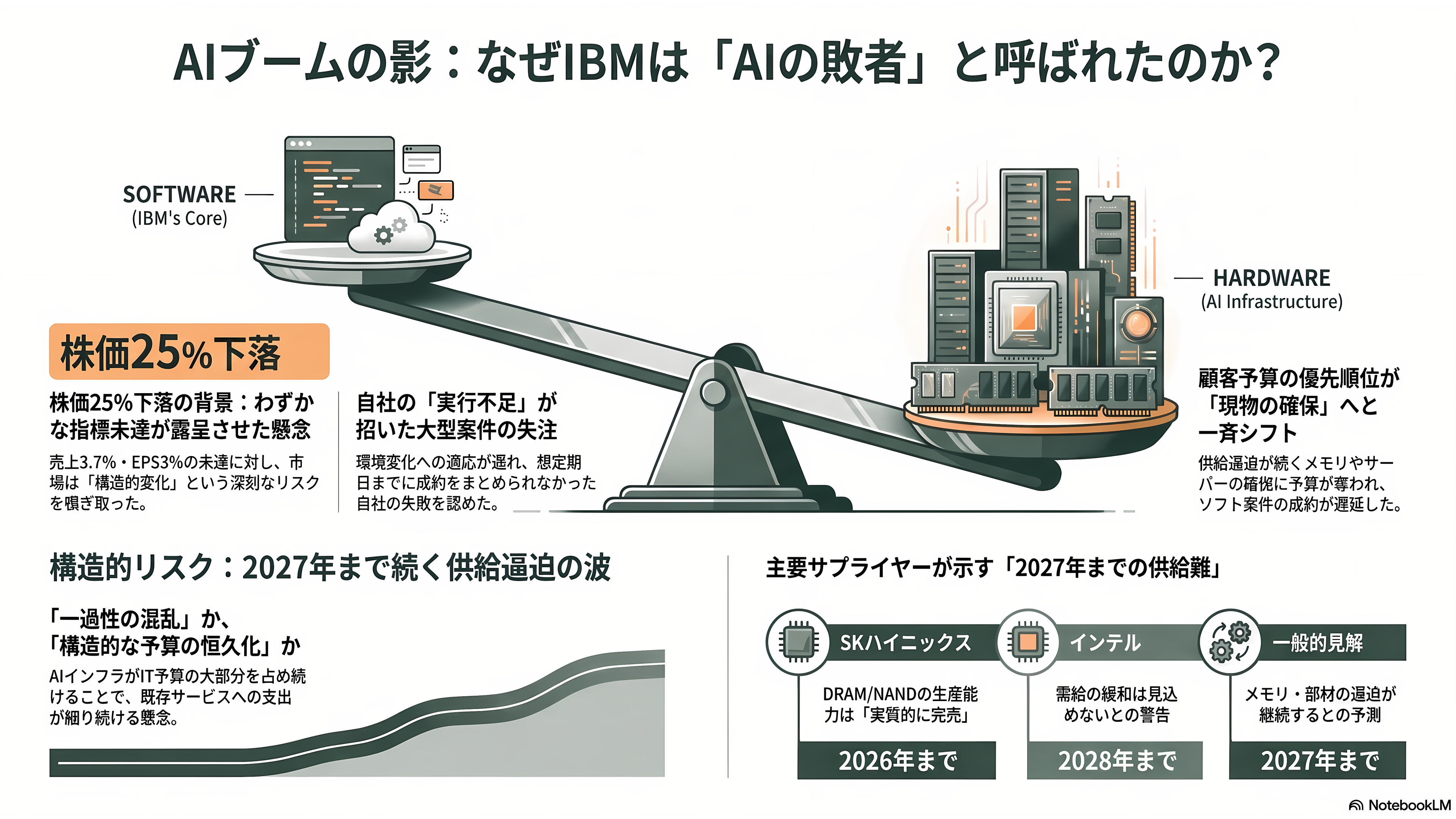 IBM、11兆円消失の歴史的な大暴落。あまりの業績不振に8日前倒しで異例の暫定決算を発表 - なぜ躓いたのか——メモリ争奪戦と「AIの敗者」 - 章扉