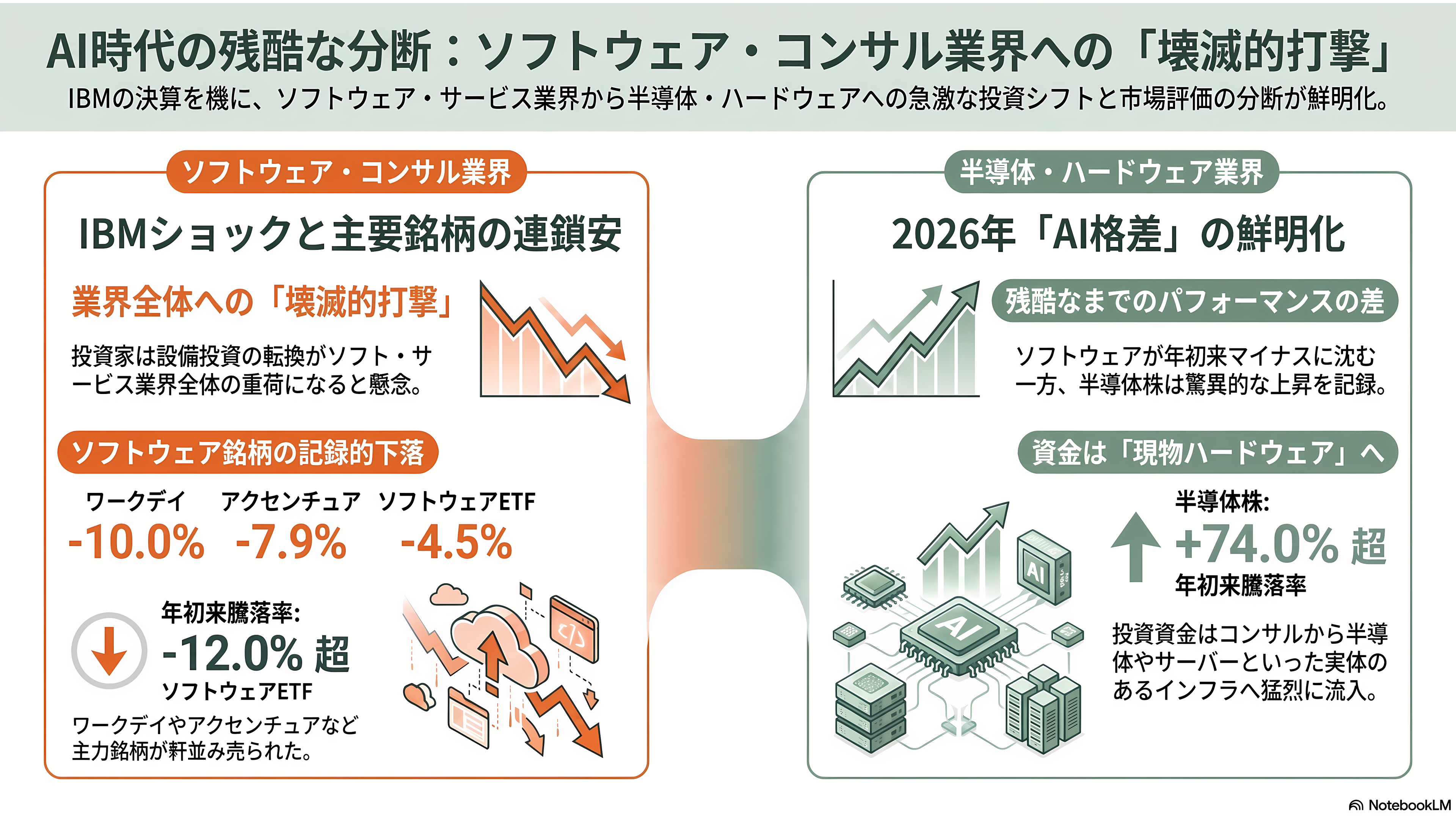 IBM、11兆円消失の歴史的な大暴落。あまりの業績不振に8日前倒しで異例の暫定決算を発表 - 「壊滅的打撃」——ソフトウェア・コンサル株への波及 - 章扉