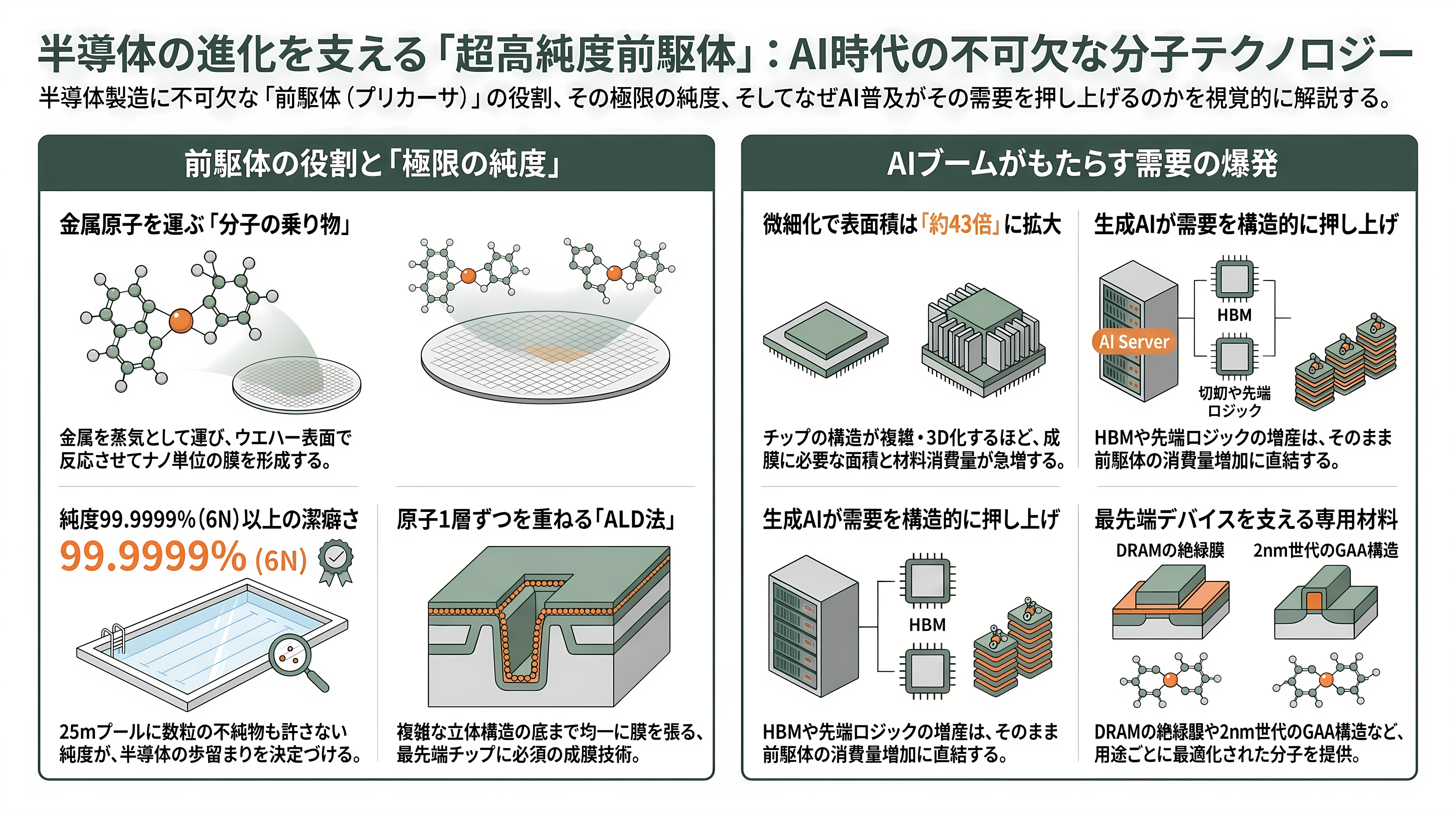 超高純度化学材料の開発・製造、トリケミカル研究所（4369） - 超高純度化学材料・前駆体とは——半導体の「膜」を運ぶ分子 - 章扉