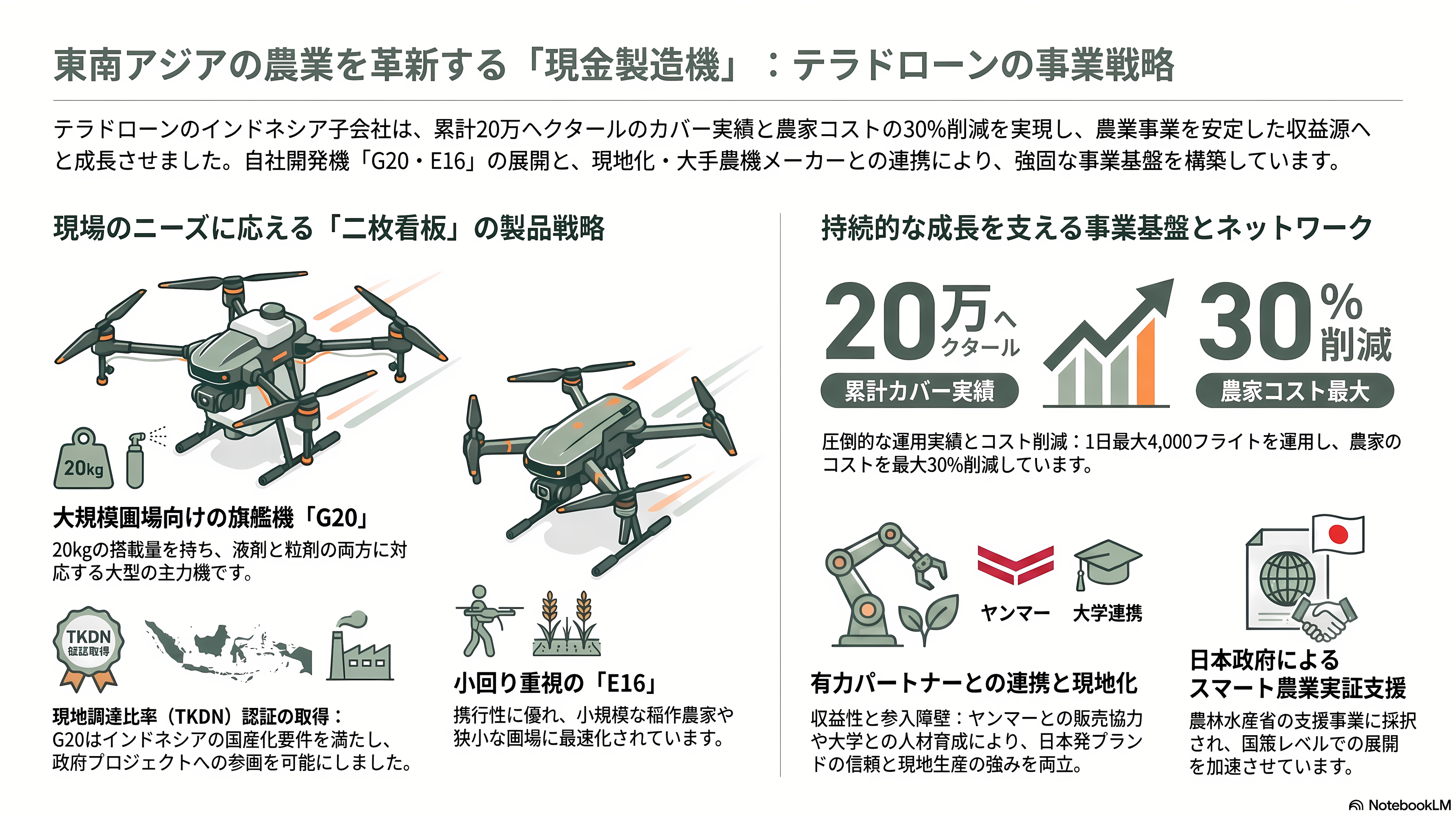 テラドローン(Terra Drone)農業用G20、E16、防衛用Terra A2、モジュール型UAV、測量・点検用Terra Xross 1、Terra LiDAR - 農業用ドローンG20・E16——東南アジアの水田を握る現金製造機 - 章扉