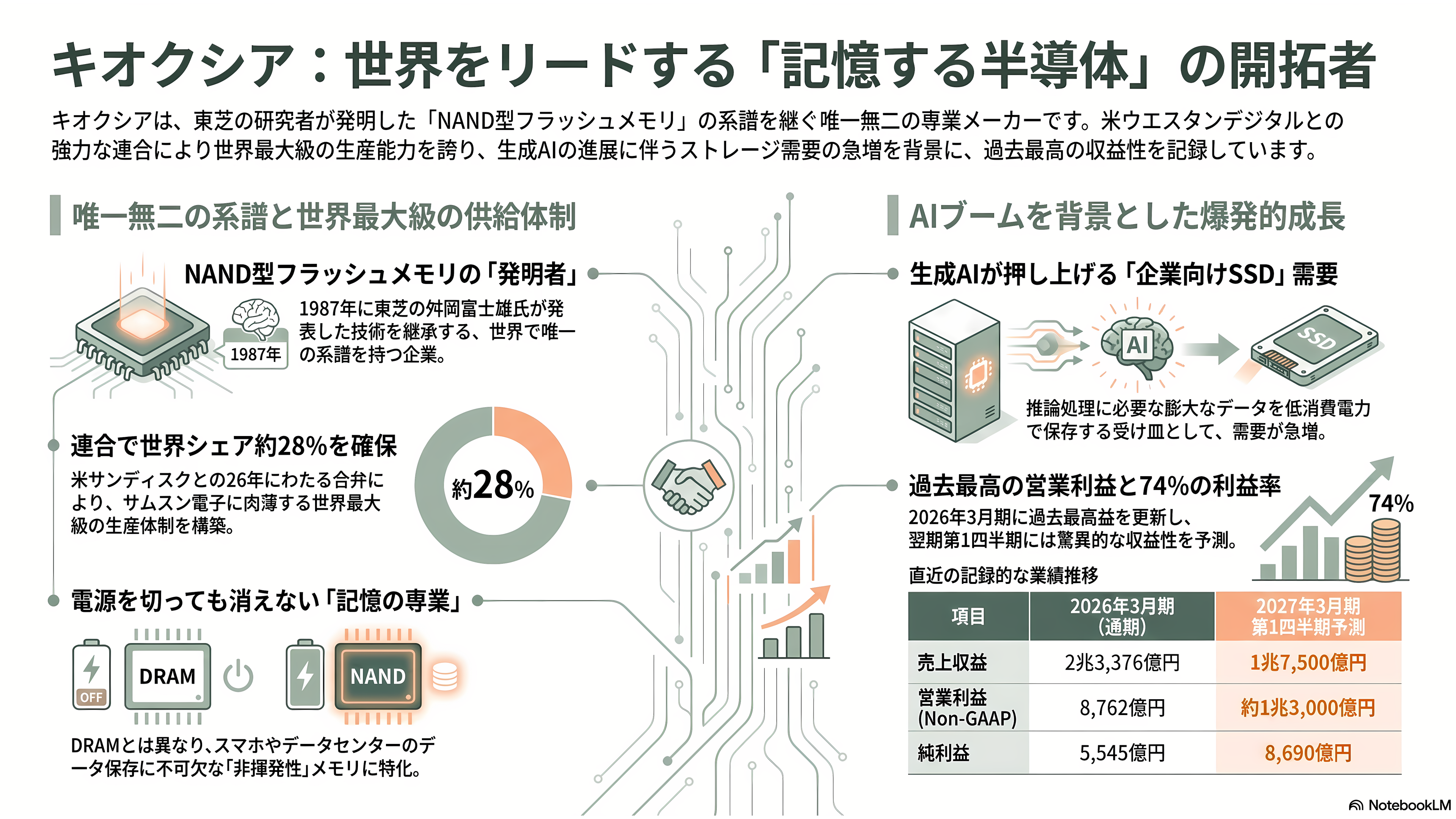 最高値から53.8%下落。キオクシア(285A)下落の要因と再浮上の可能性を紐解く。3次元積層「BiCS FLASH」、CBA(CMOS directly Bonded to Array)技術 - そもそもキオクシアとは何者か ― 「記憶する半導体」の専業メーカー - 章扉