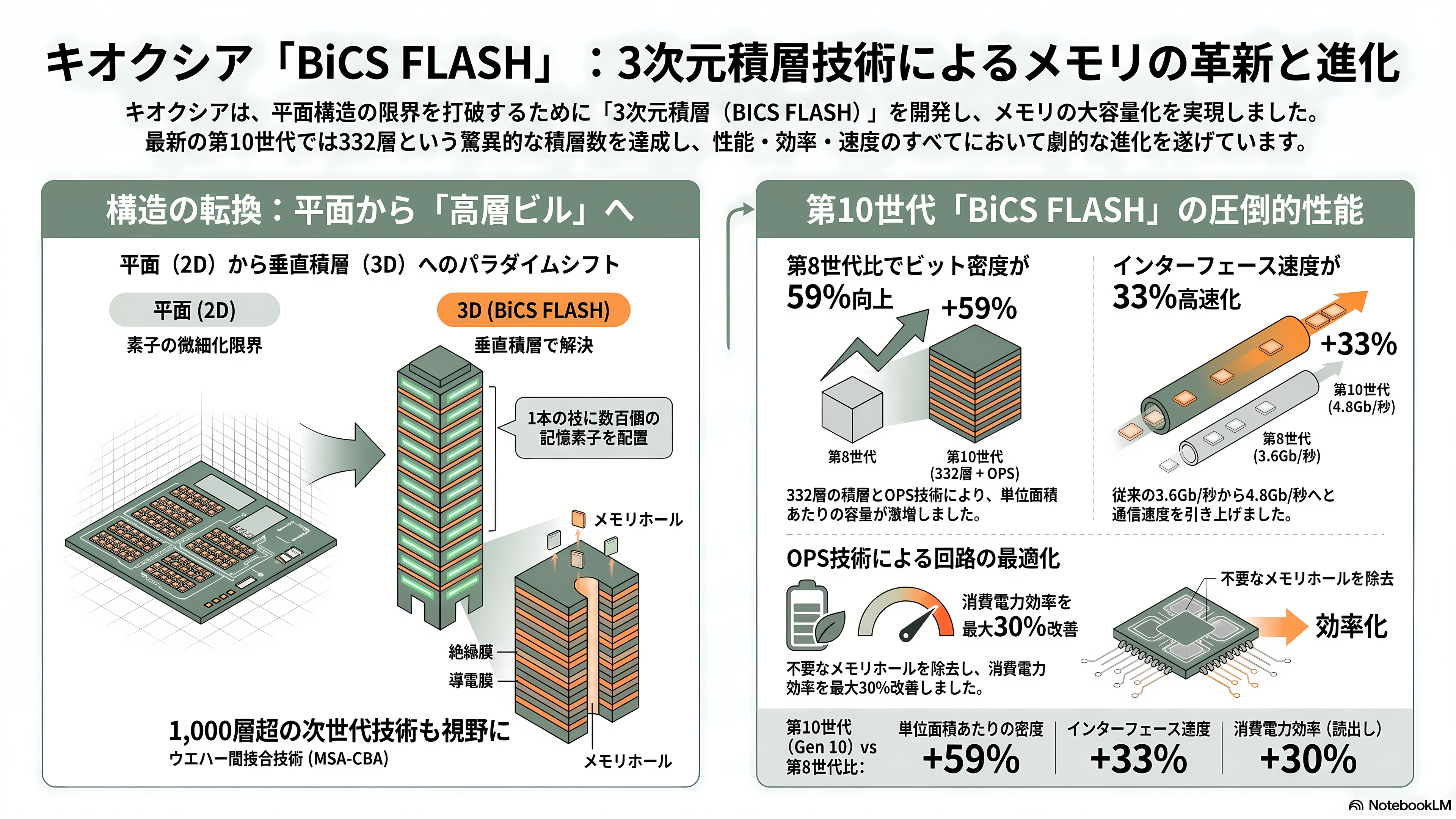 最高値から53.8%下落。キオクシア(285A)下落の要因と再浮上の可能性を紐解く。3次元積層「BiCS FLASH」、CBA(CMOS directly Bonded to Array)技術 - 強みの正体①:3次元積層「BiCS FLASH」という発明 - 章扉