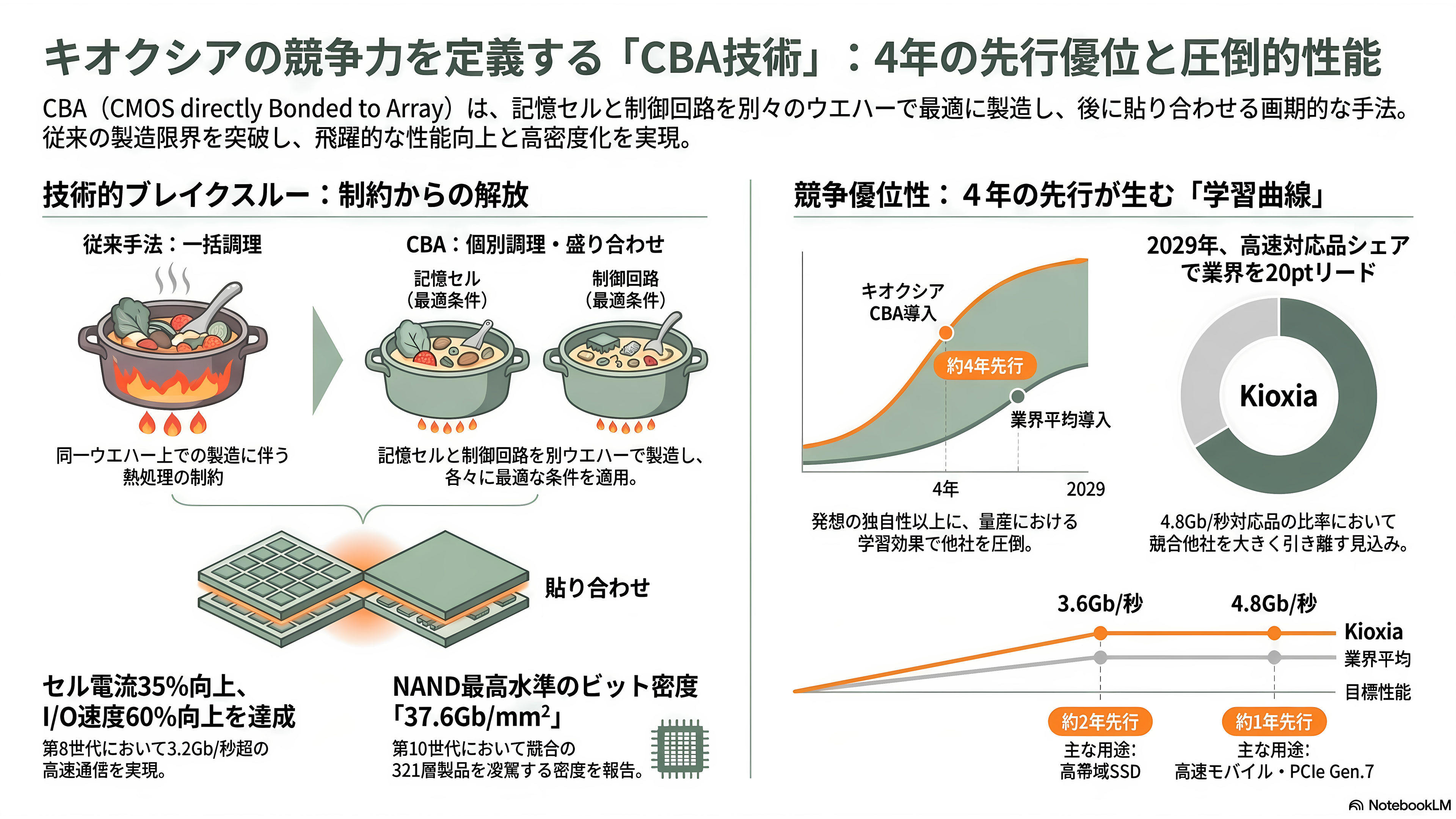 最高値から53.8%下落。キオクシア(285A)下落の要因と再浮上の可能性を紐解く。3次元積層「BiCS FLASH」、CBA(CMOS directly Bonded to Array)技術 - 強みの正体②:CBA ― ウエハーを貼り合わせるという決定的な一手 - 章扉