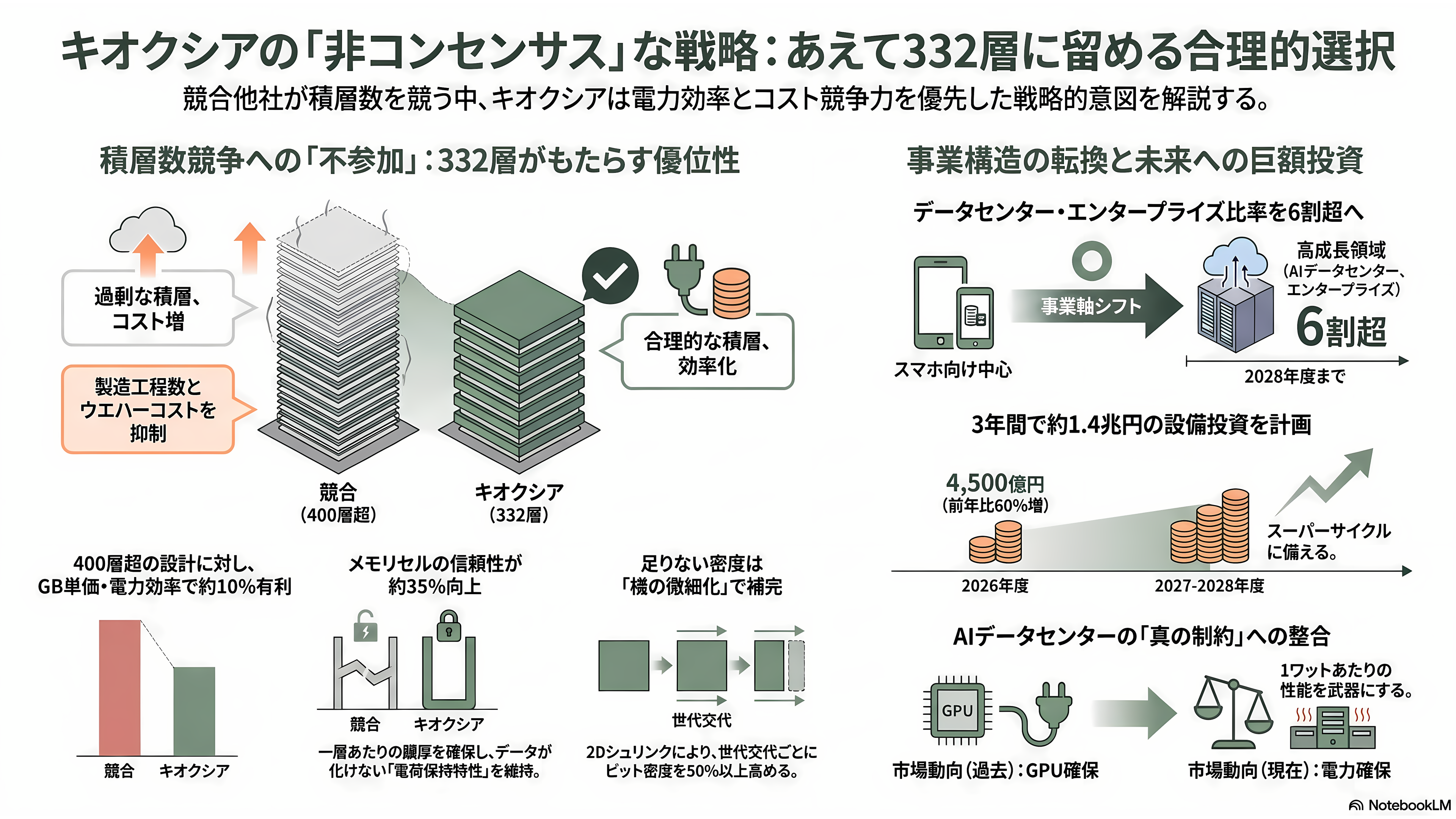 最高値から53.8%下落。キオクシア(285A)下落の要因と再浮上の可能性を紐解く。3次元積層「BiCS FLASH」、CBA(CMOS directly Bonded to Array)技術 - 強みの正体③:あえて332層で止めた非常識な賭け - 章扉