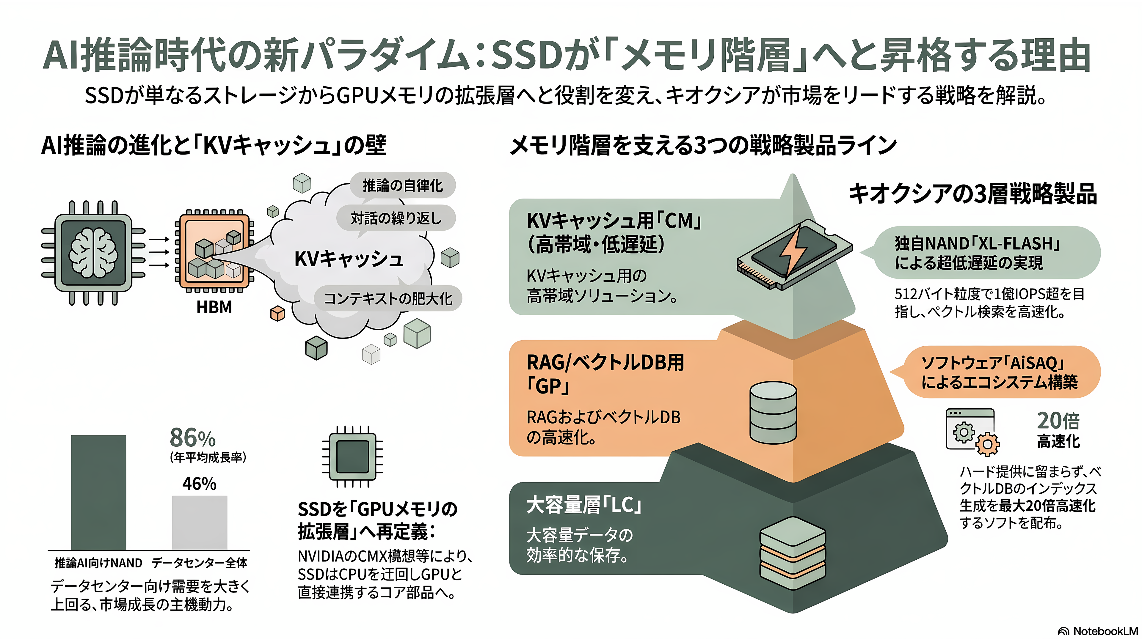 最高値から53.8%下落。キオクシア(285A)下落の要因と再浮上の可能性を紐解く。3次元積層「BiCS FLASH」、CBA(CMOS directly Bonded to Array)技術 - 強みの正体④:AI推論が、SSDを「メモリ階層」に引き上げた - 章扉