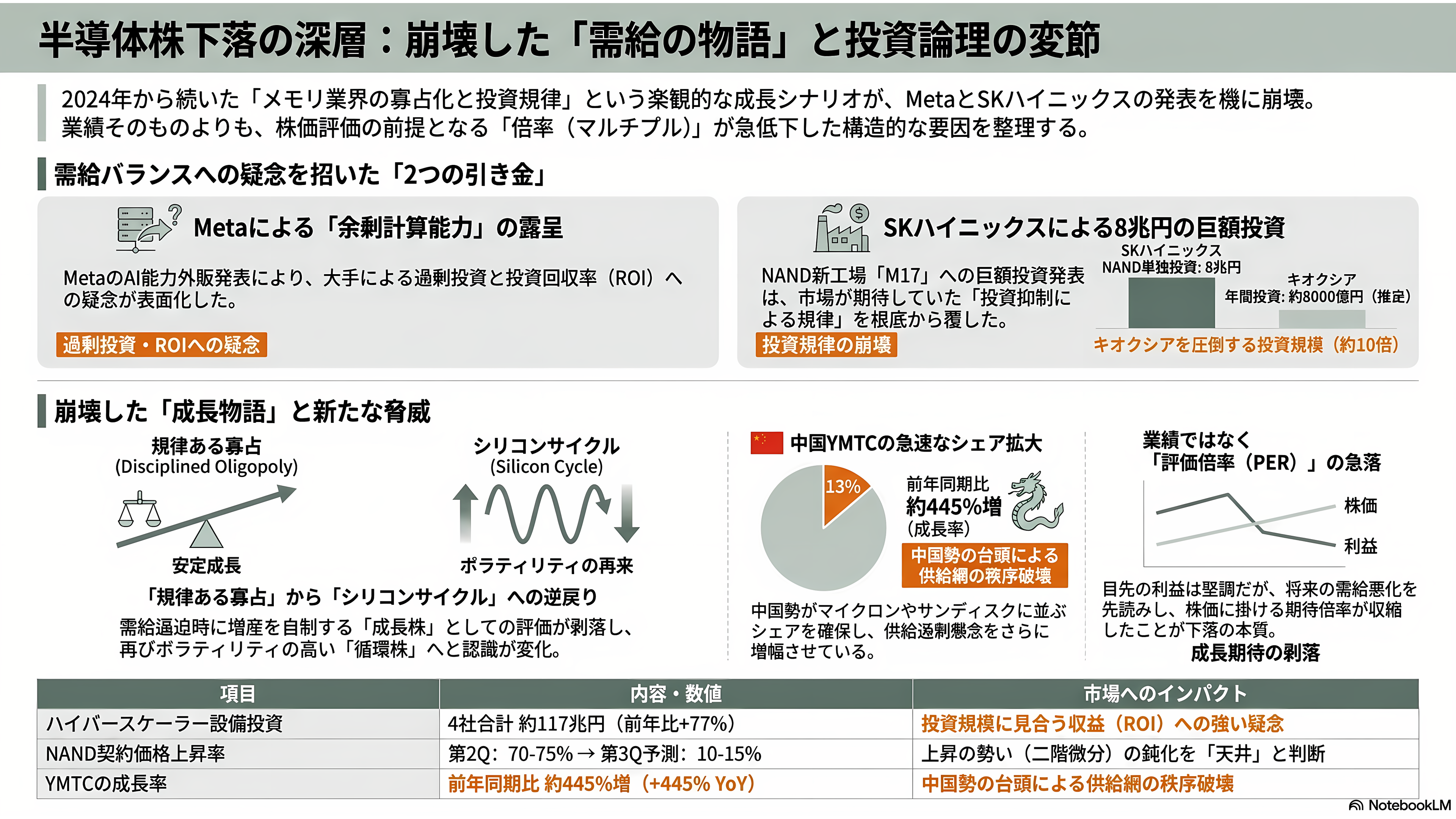 最高値から53.8%下落。キオクシア(285A)下落の要因と再浮上の可能性を紐解く。3次元積層「BiCS FLASH」、CBA(CMOS directly Bonded to Array)技術 - 下落要因②:SKハイニックス「8兆円」とMeta Compute ― 需給の物語が壊れた2日間 - 章扉