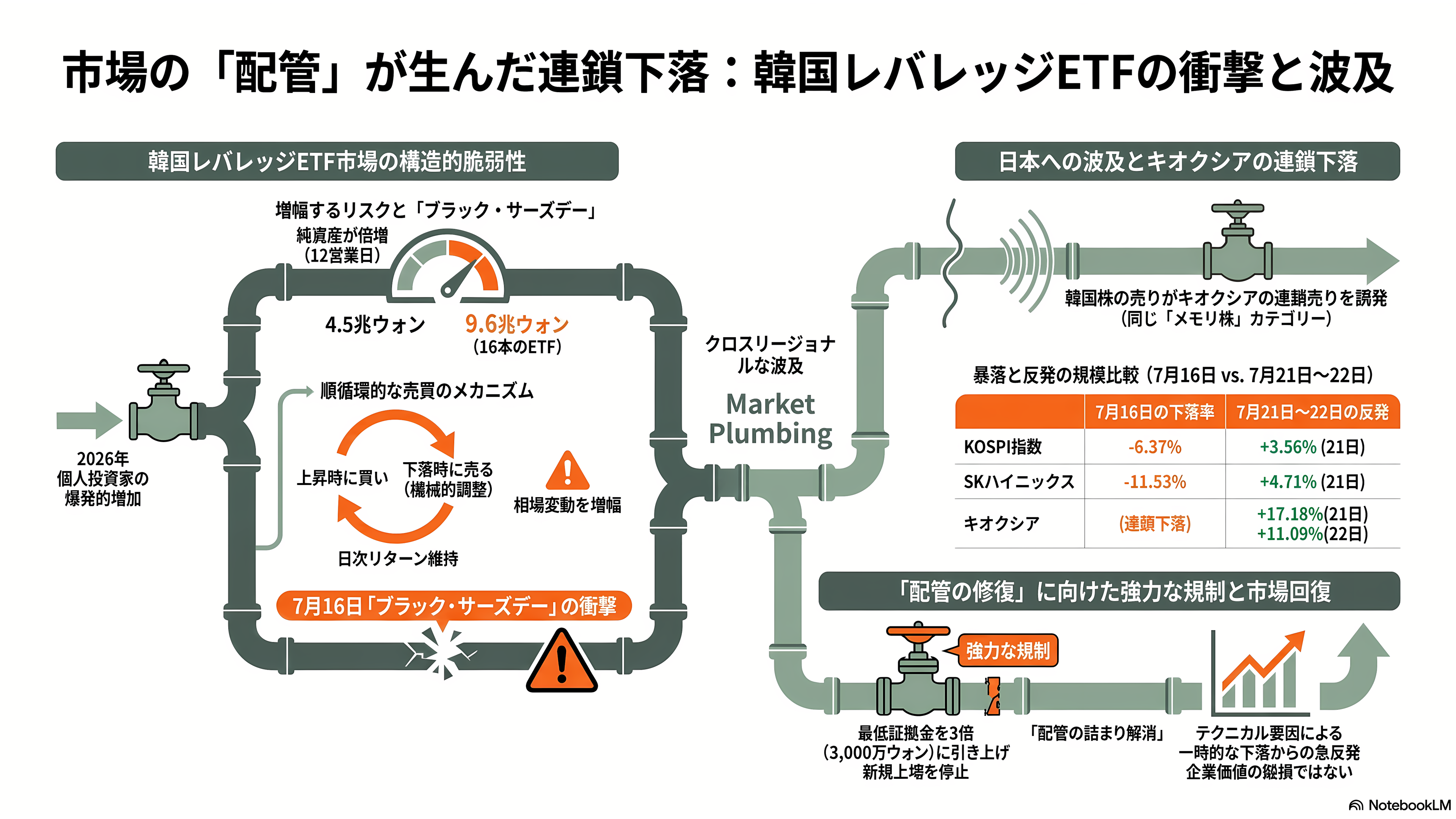 最高値から53.8%下落。キオクシア(285A)下落の要因と再浮上の可能性を紐解く。3次元積層「BiCS FLASH」、CBA(CMOS directly Bonded to Array)技術 - 下落要因③:韓国レバレッジETF規制という配管の破裂 - 章扉