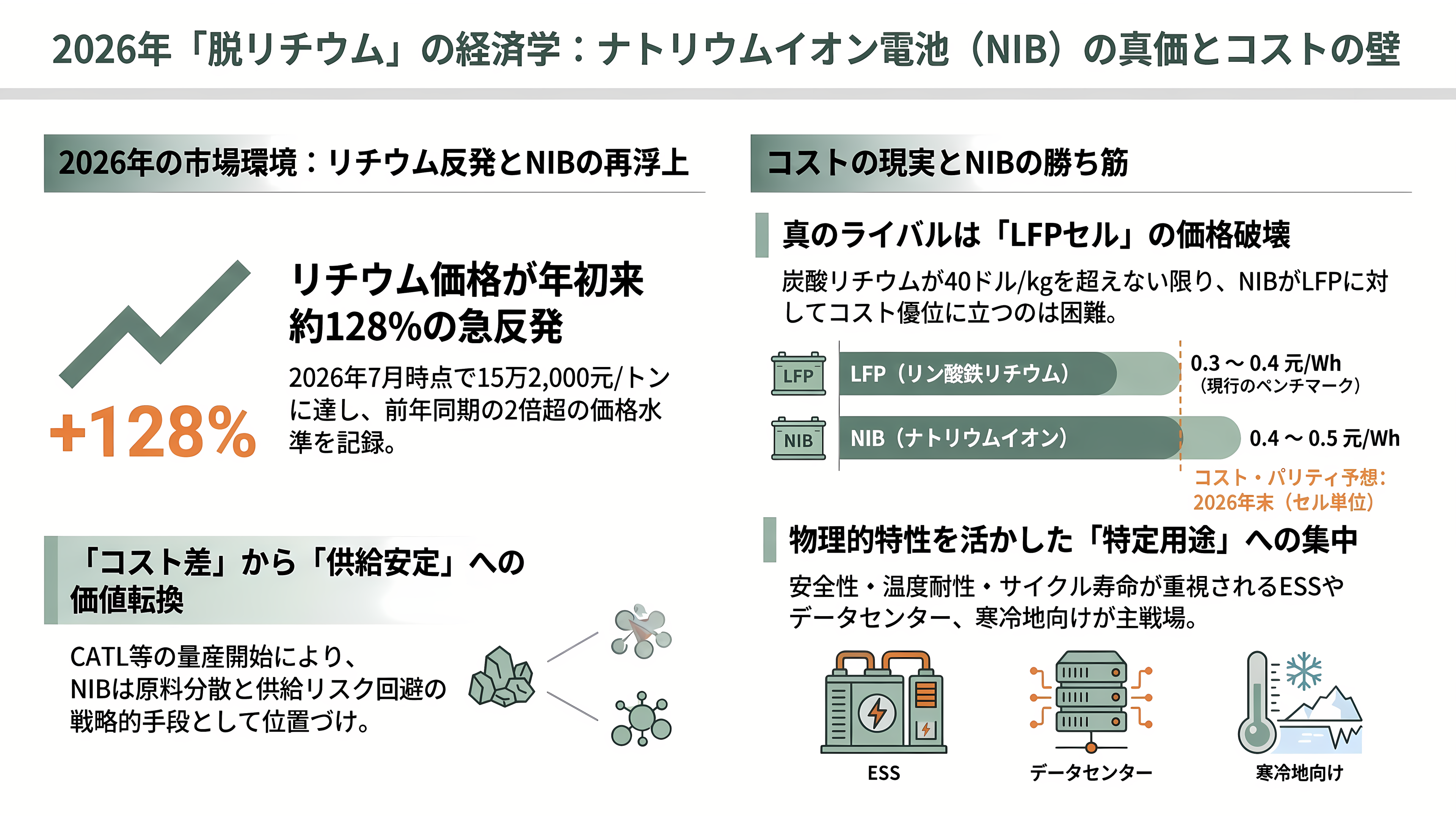 ナトリウムイオンバッテリー(ナトリウムイオン電池:NIB) 日本電気硝子 (5214)、GSユアサ (6674)、戸田工業 (4100) 、旭化成 (3407) - 「脱リチウム」の経済学——資源・安全、そして2026年のリチウム価格反発 - 章扉