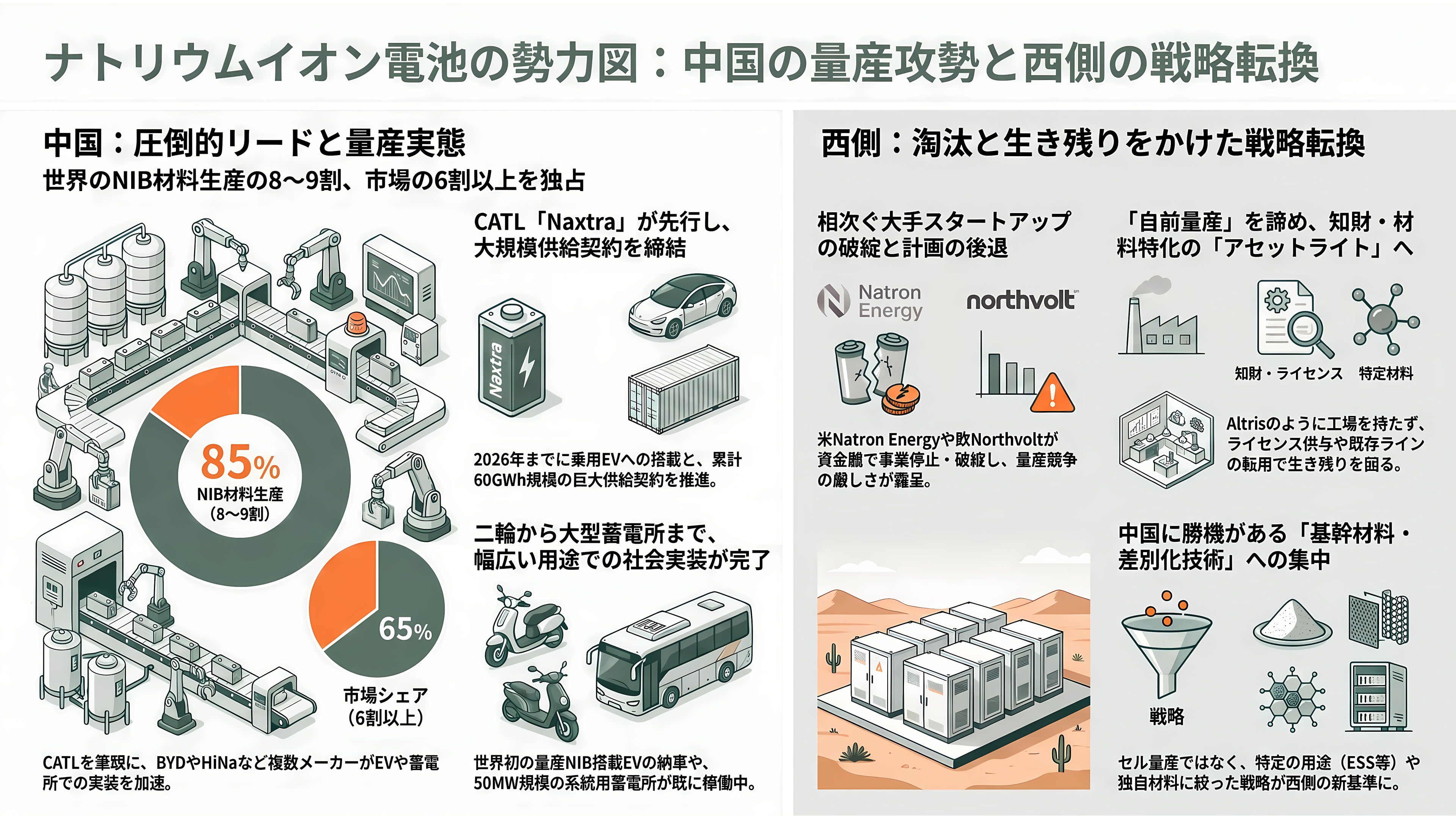 ナトリウムイオンバッテリー(ナトリウムイオン電池:NIB) 日本電気硝子 (5214)、GSユアサ (6674)、戸田工業 (4100) 、旭化成 (3407) - 主戦場は中国——CATL「Naxtra」量産と、西側スタートアップの淘汰 - 章扉
