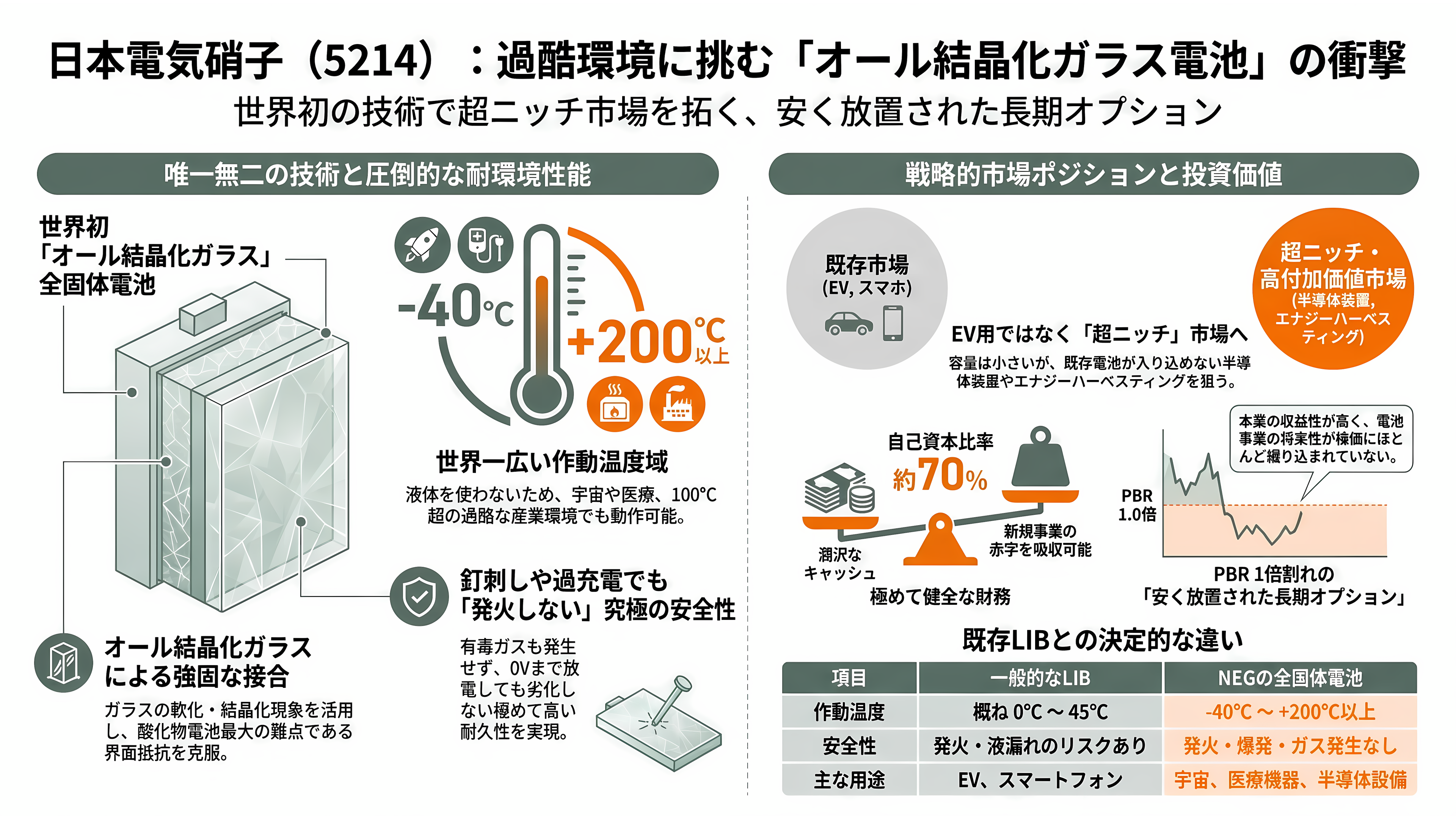 ナトリウムイオンバッテリー(ナトリウムイオン電池:NIB) 日本電気硝子 (5214)、GSユアサ (6674)、戸田工業 (4100) 、旭化成 (3407) - 日本電気硝子(5214)——「オール結晶化ガラス全固体」という異端 - 章扉