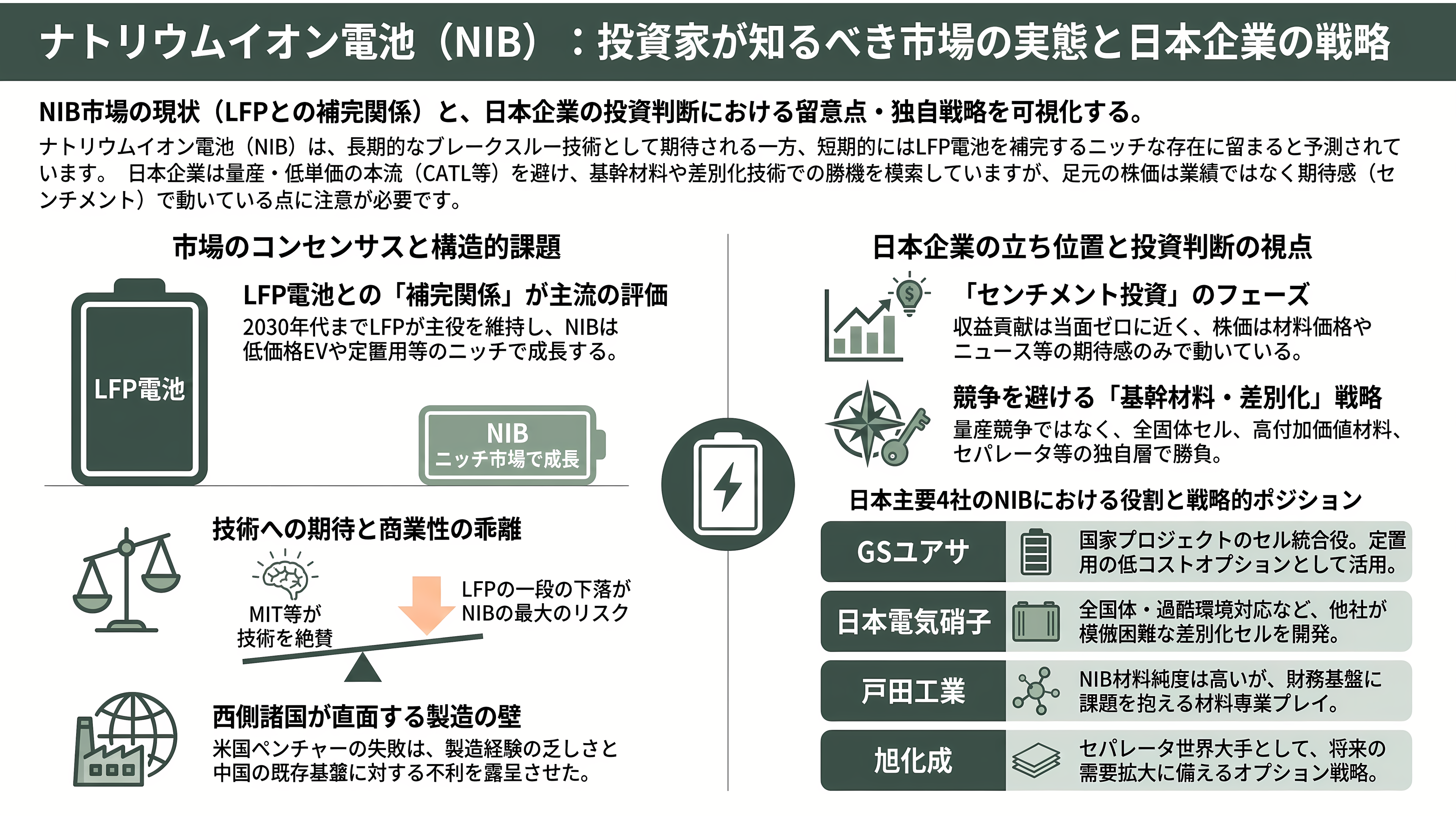 ナトリウムイオンバッテリー(ナトリウムイオン電池:NIB) 日本電気硝子 (5214)、GSユアサ (6674)、戸田工業 (4100) 、旭化成 (3407) - 投資家はどう見ているか——テーマ株物色とアナリストの温度差 - 章扉
