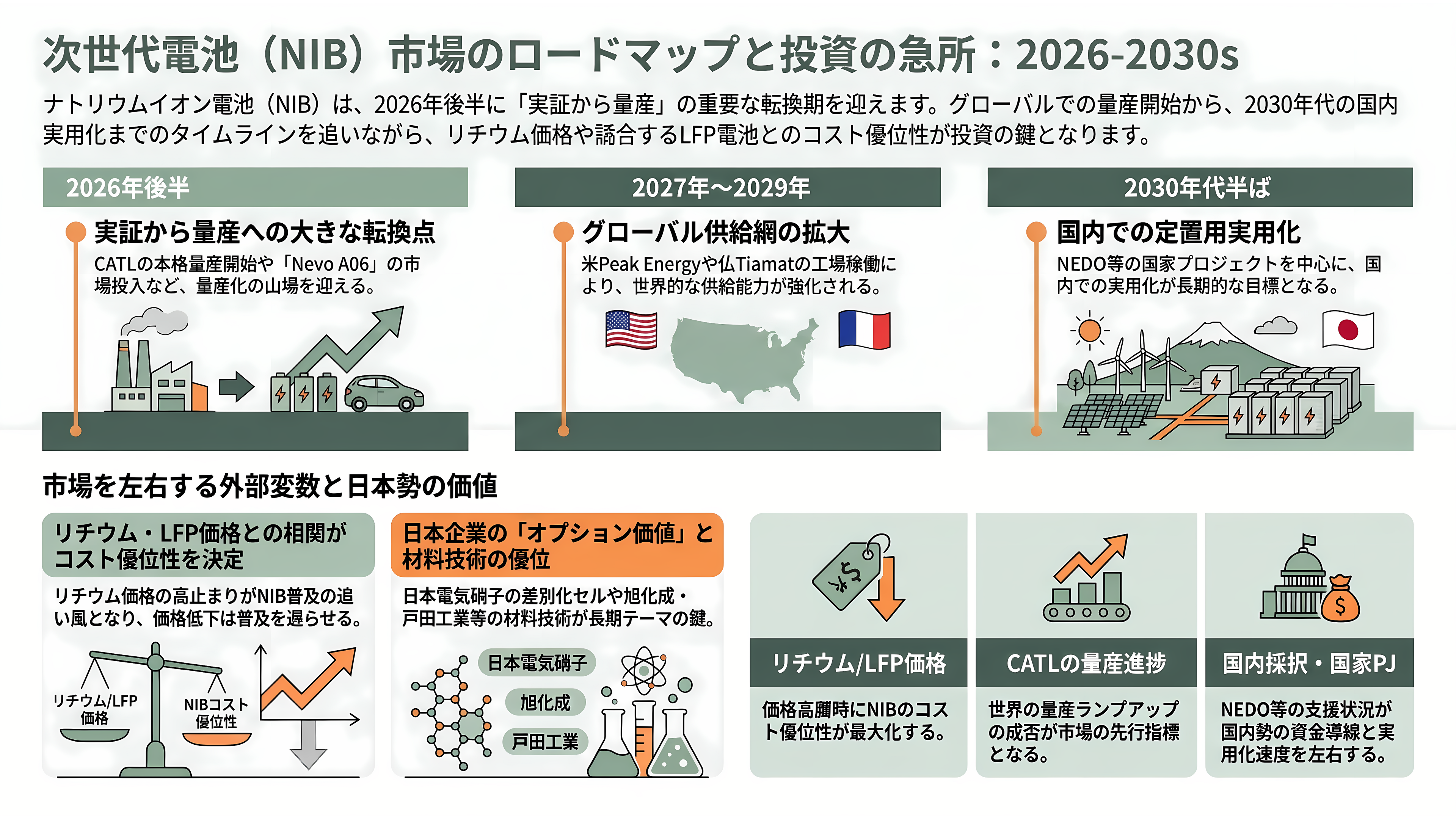 ナトリウムイオンバッテリー(ナトリウムイオン電池:NIB) 日本電気硝子 (5214)、GSユアサ (6674)、戸田工業 (4100) 、旭化成 (3407) - 今後のカタリスト——2026年後半〜2030年代のタイムライン - 章扉