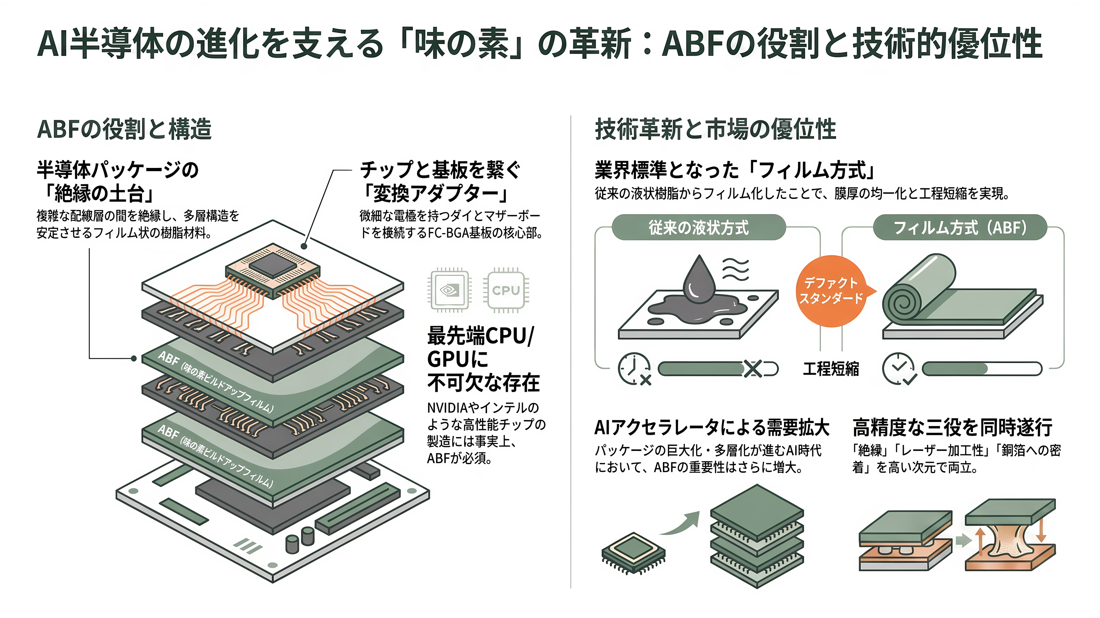 半導体の先端パッケージングに必須なCPU、GPU向け絶縁材、ABF(味の素ビルドアップフィルム)を独占。味の素 (2802) - 「うま味調味料」の副産物から生まれたAI半導体の心臓部——ABFとは何か - 章扉